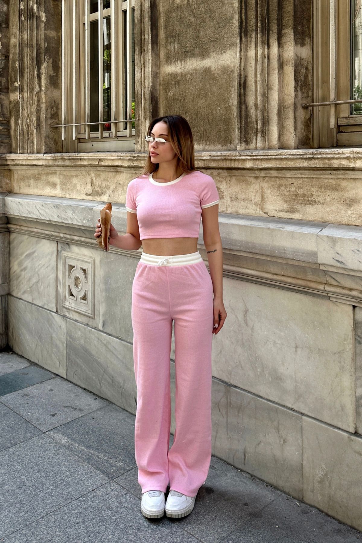Siner Fashion Kadın Beyaz Detaylı Crop Yüksek Bel Alt Üst Takım