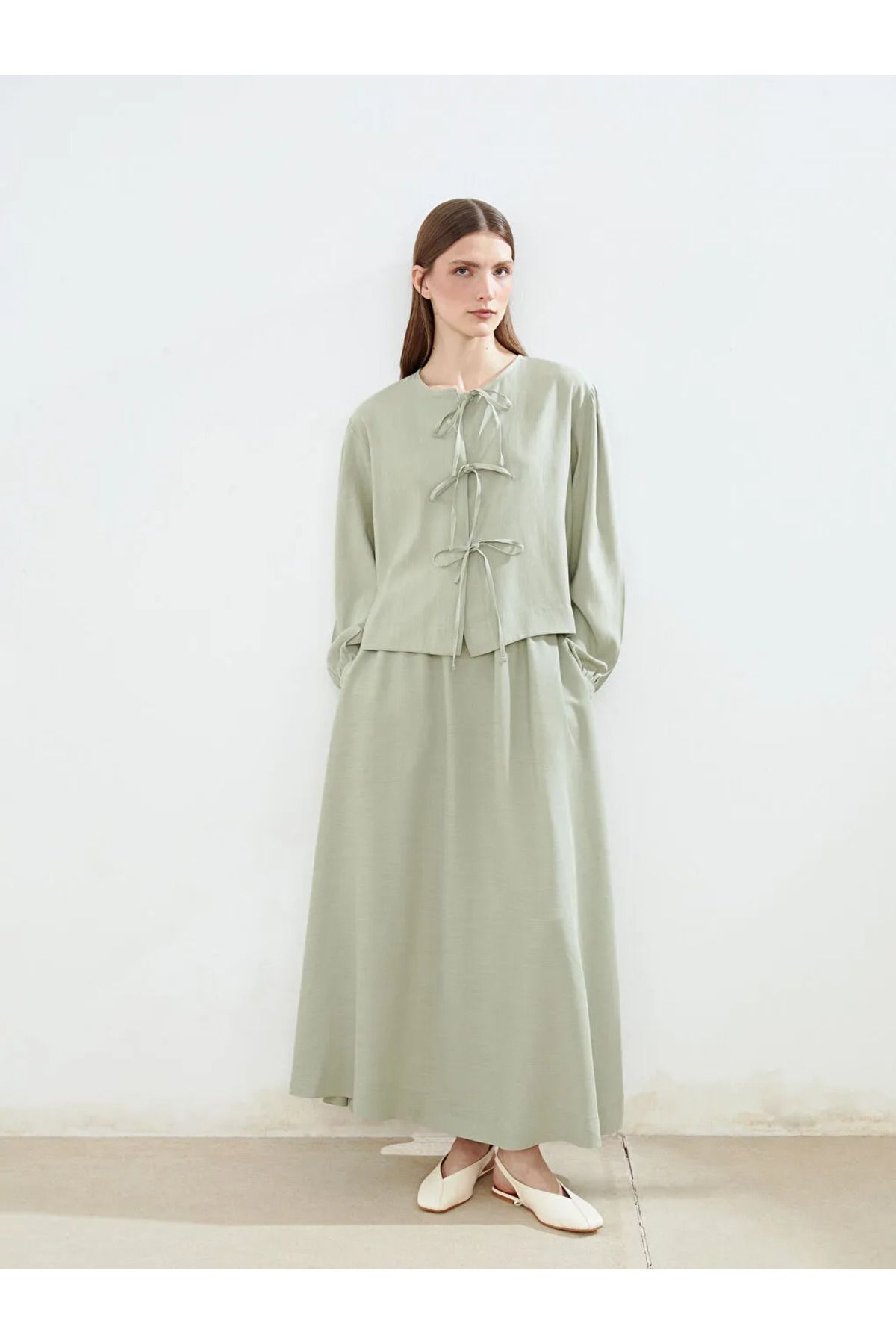 LC Waikiki LCW Modest Yeşil Beli Lastikli Keten Karışımlı Etek
