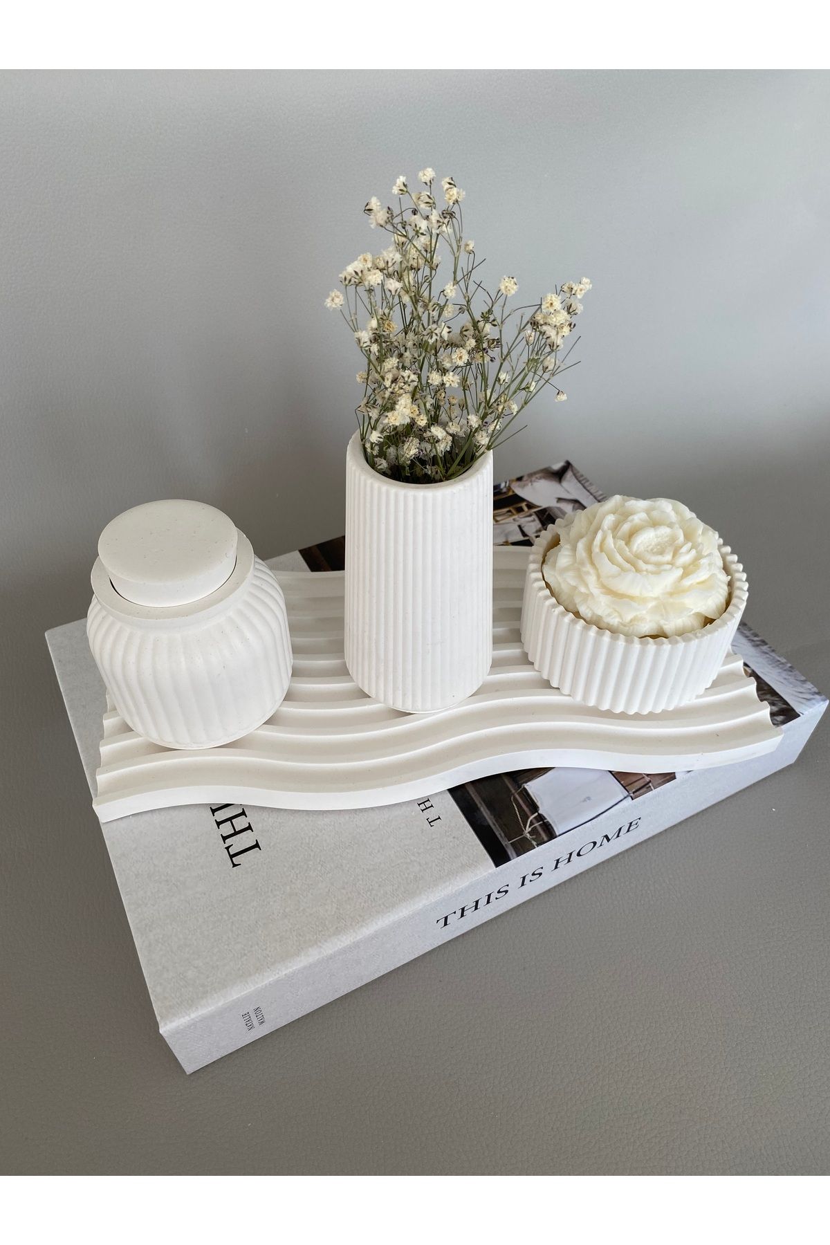 SELAR HOME DECOR Dekoratif 4'lü Dalgalı Tepsi ,Vazo, Mumluk,Kapaklı vazo