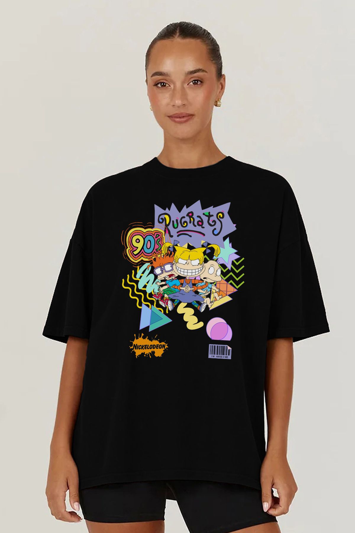 MODA Rugrats Rugratler Baskılı Oversize Kalıp Siyah Geniş Bol Kesim Kadın Tişört