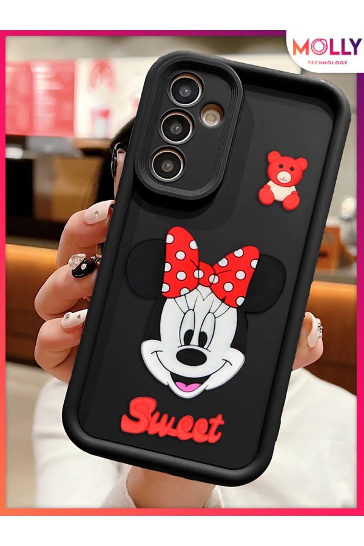 Molly Samsung Galaxy A55 İçin Siyah Kenarları Kalın 3d Kabartmalı Sevimli Minnie Silikon Kılıf