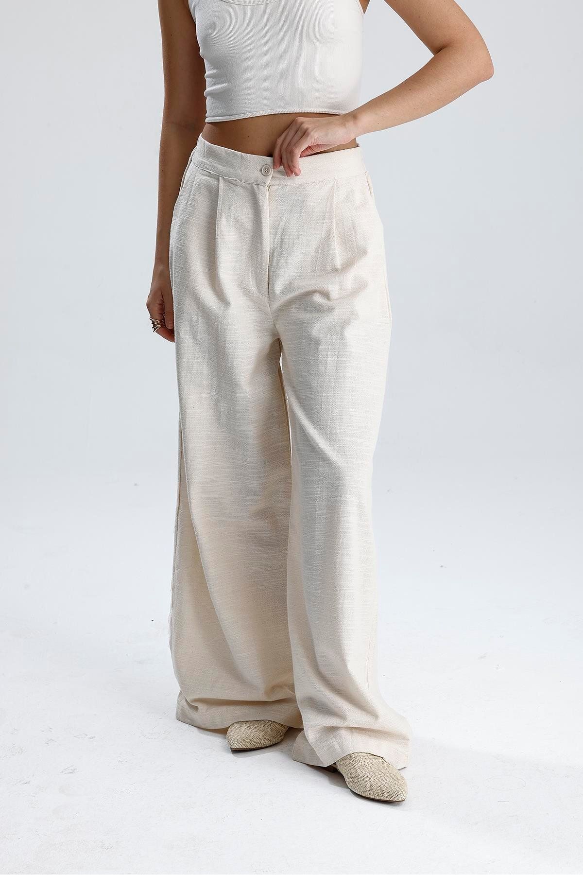 VAPUR TEKSTİL-Linen Trousers with Elastic Waist and Side Pockets 3