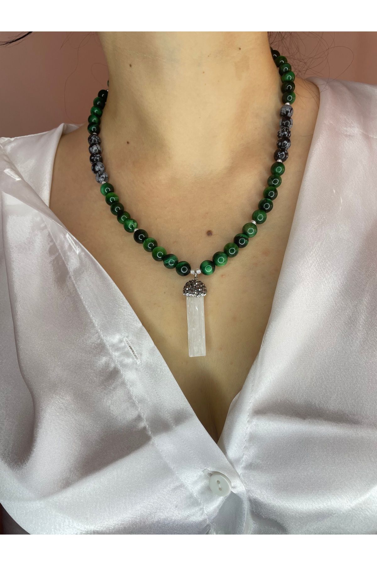 MODA Kaplan gözü & obsidyen doğal taş tasarım kolye