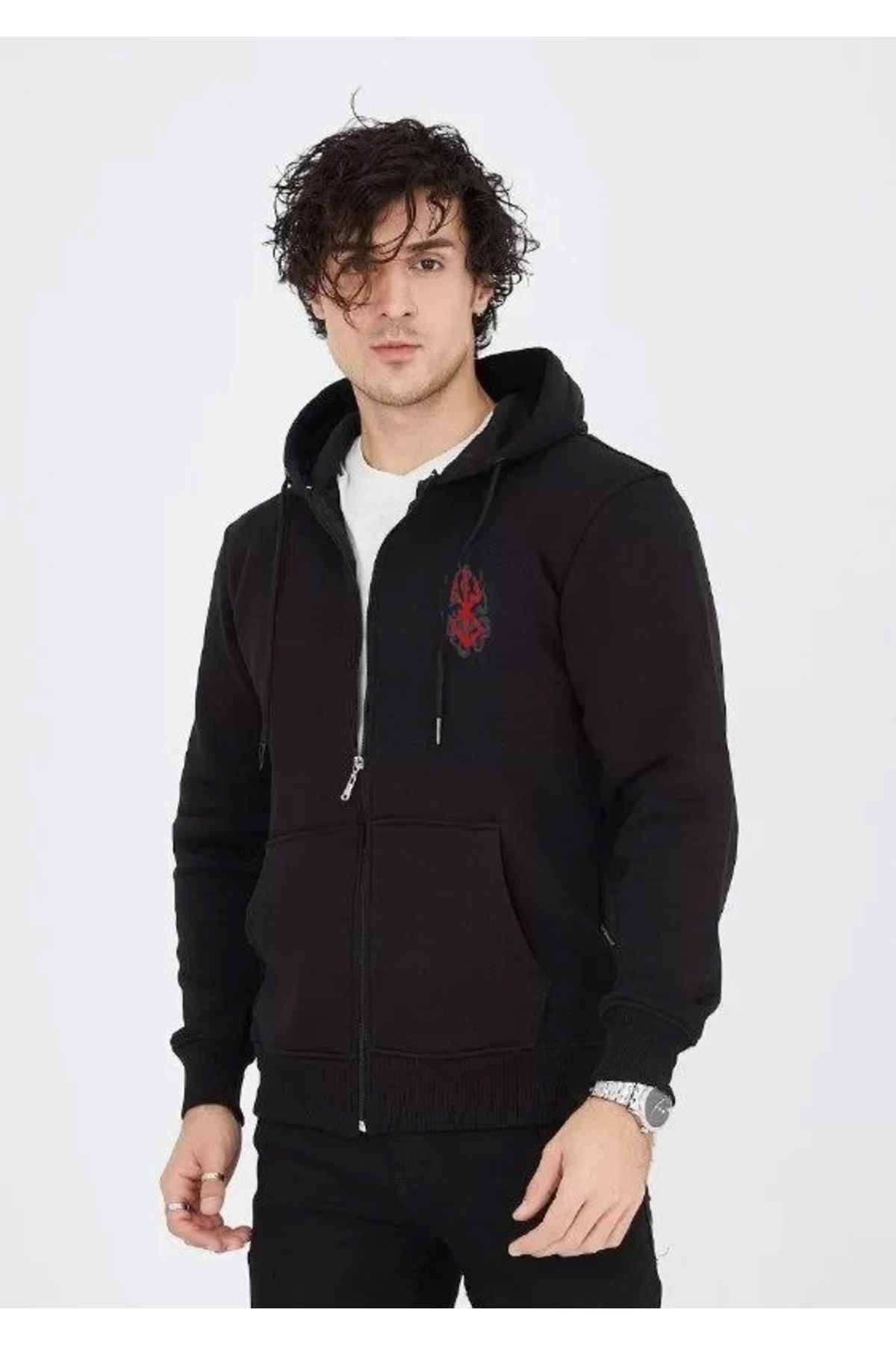 Butik Unisex Baskılı Tam Fermuarlı Kapşonlu SweatShirt - Siyah