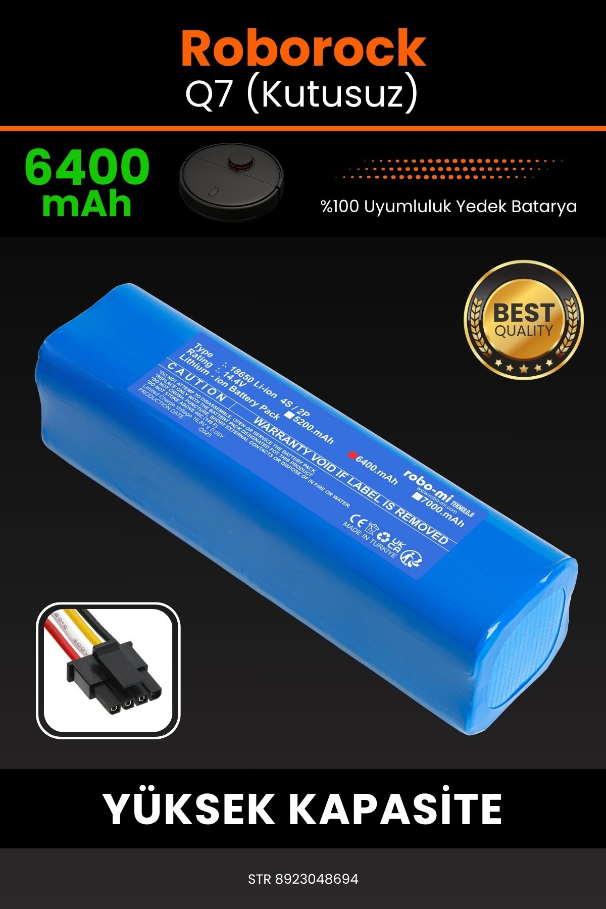 robo-mi Roborock Q7 (Kutusuz) 6400mAh Robot Süpürge Bataryası - Yüksek Yoğunluklu Li-ion Hücre