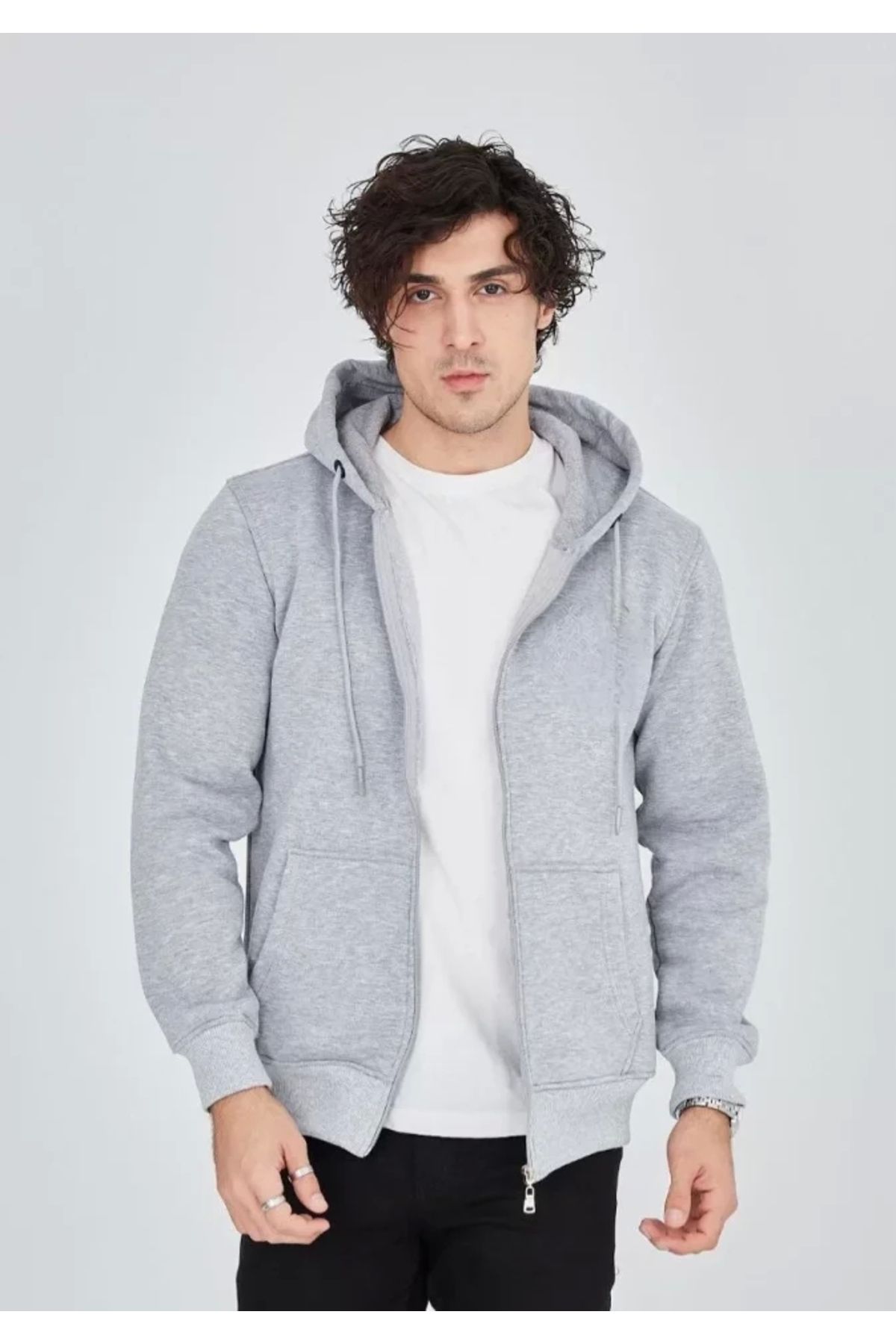 Butik Unisex Tam Fermuarlı Kapşonlu SweatShirt - Gri