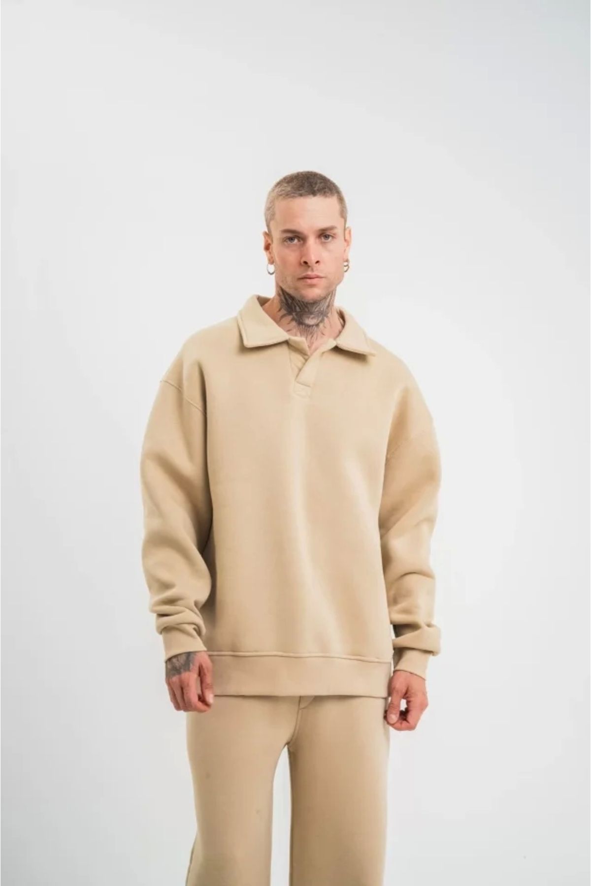 Butik Unisex Double Oversize Patlı Yaka SweatShirt - Bej