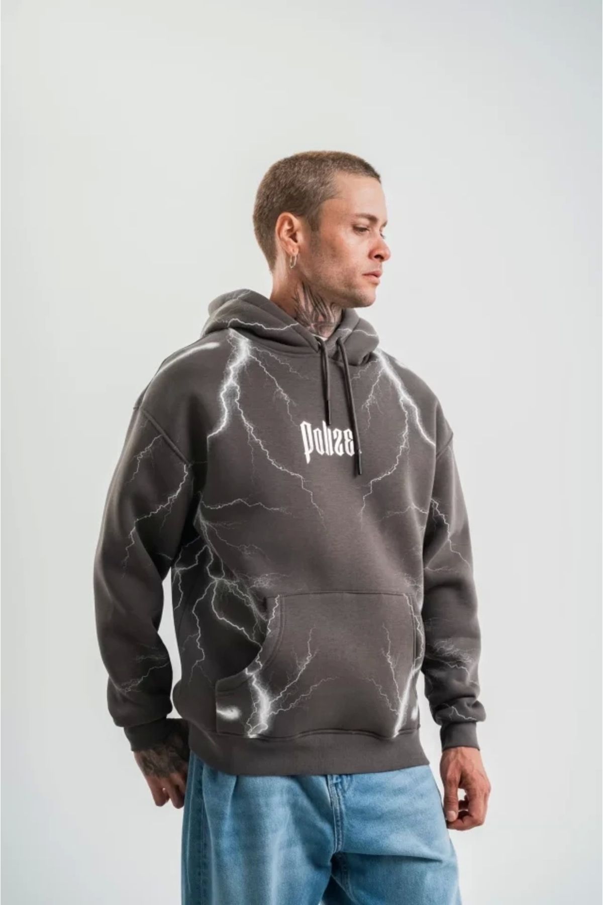 Butik Double Oversize Kapşonlu Şimşek Pano Baskılı SweatShirt - Füme