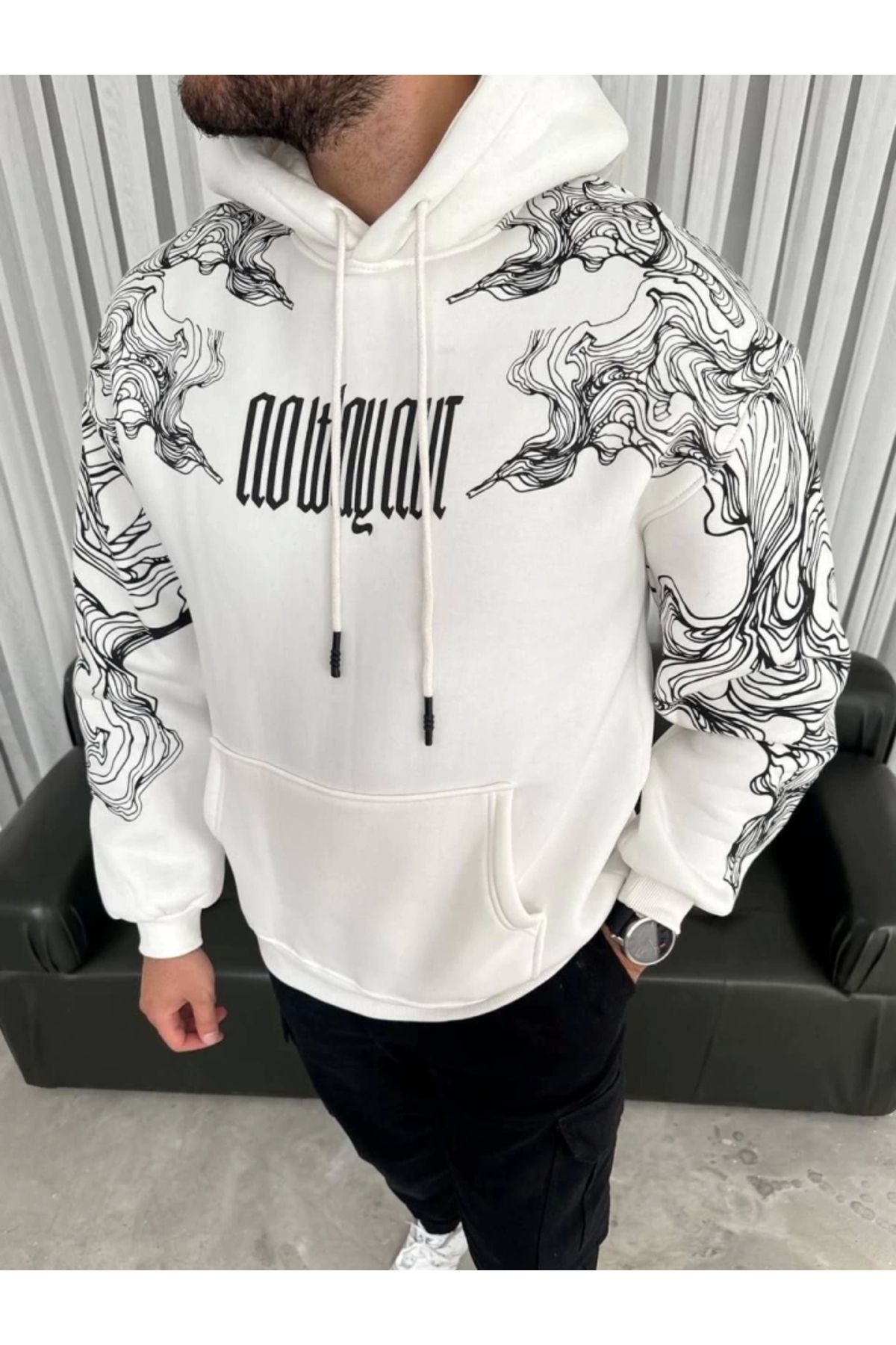 Butik Kapşonlu Üç İplik Baskılı SweatShirt - Beyaz
