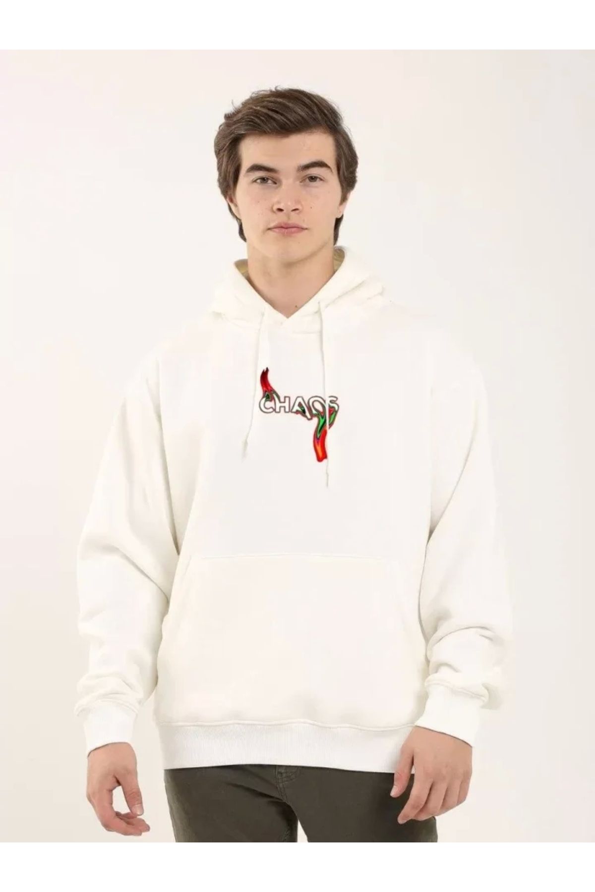 Butik Unisex Baskılı Oversize Üç İplik Kapüşonlu Sweatshirt - Beyaz