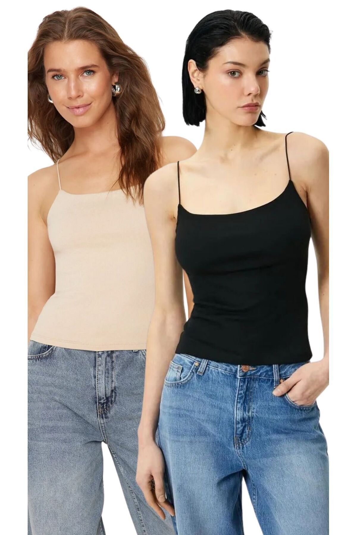 QUELISSE Kadın Siyah-Bej Lastik Askılı Regular Esnek 2'li Paket Atlet Bluz Q002U