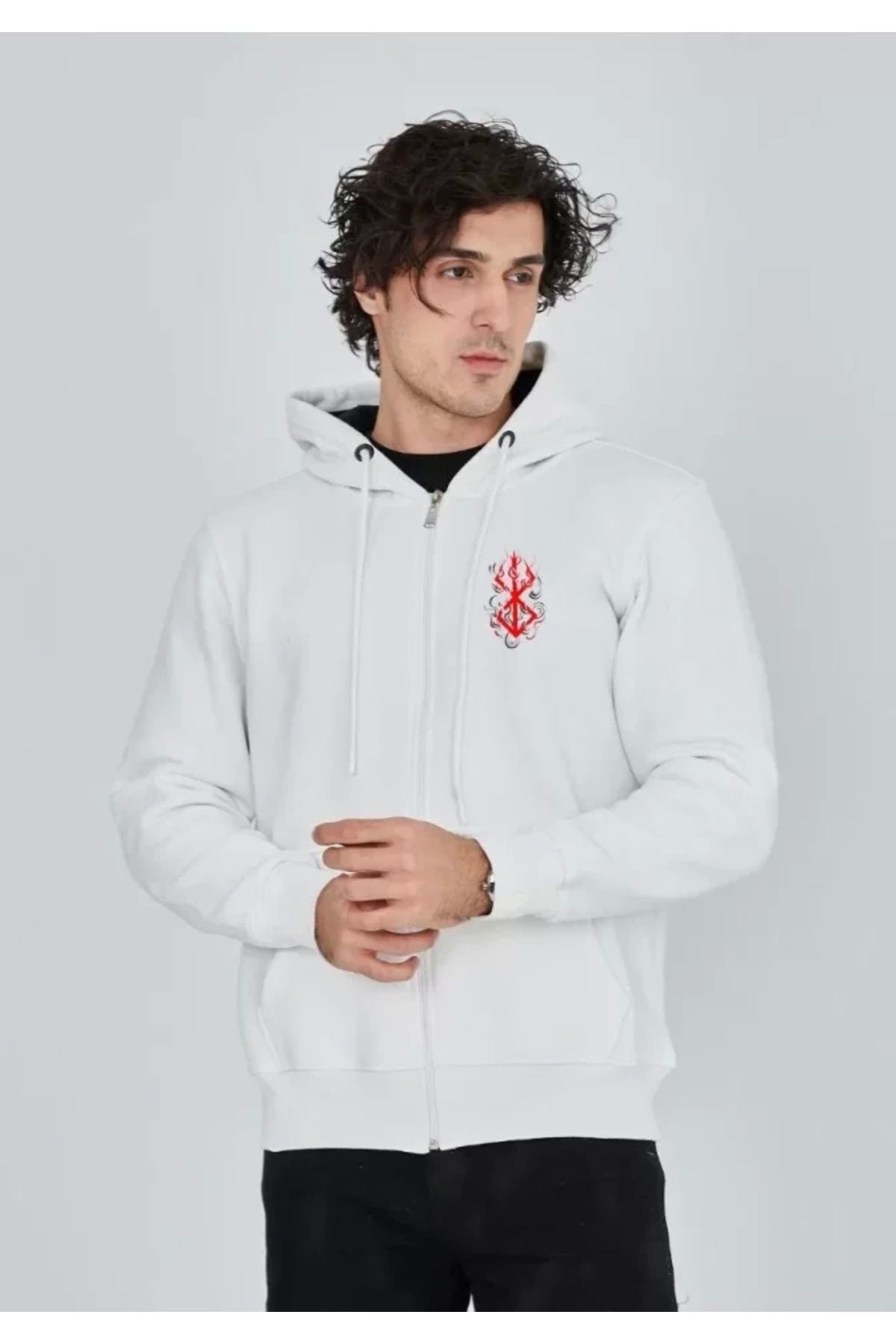 Butik Unisex Baskılı Tam Fermuarlı Kapşonlu SweatShirt - Beyaz