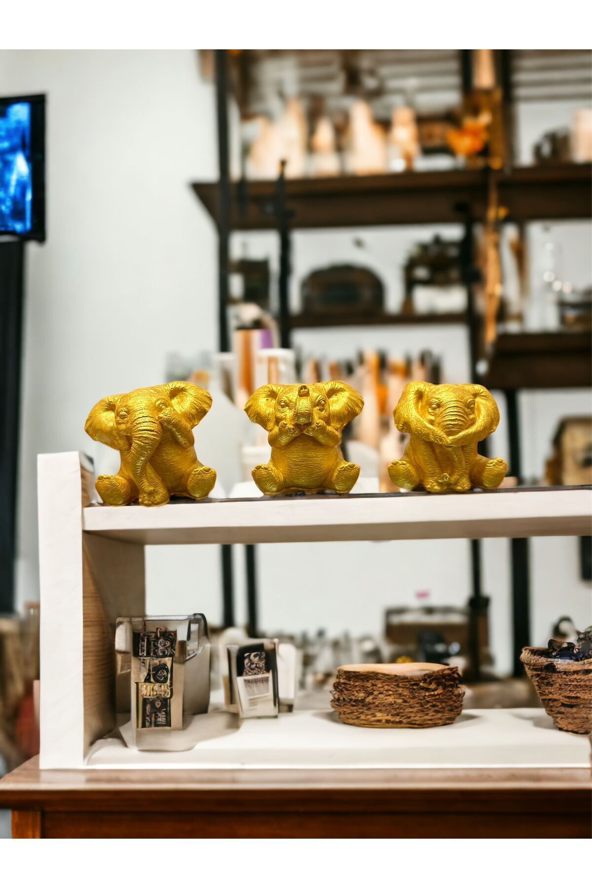 SerenityHaven Gold 3lü Görmedim Duymadım Bilmiyorum Fil biblo & 8 Cm taş tozu hediyelik dekoratif obje ve biblo