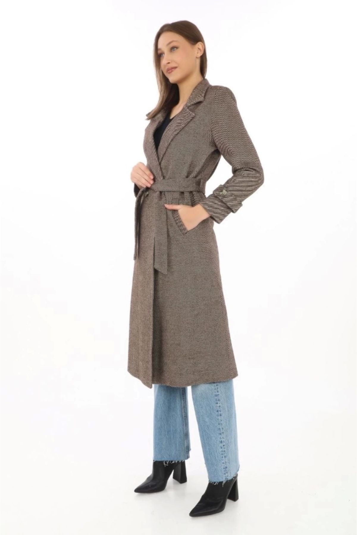 Butik Astarlı Balık Sırtı Kaşmir Kaşe Kaban - Vizon