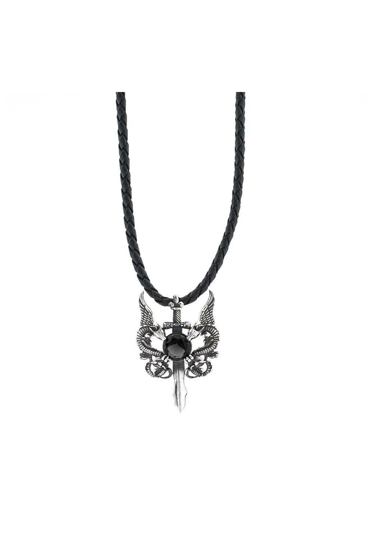 shop Ejderha Tasarımlı Zirkon Taşlı Deri İpli 925 Ayar Gümüş Erkek Kolye