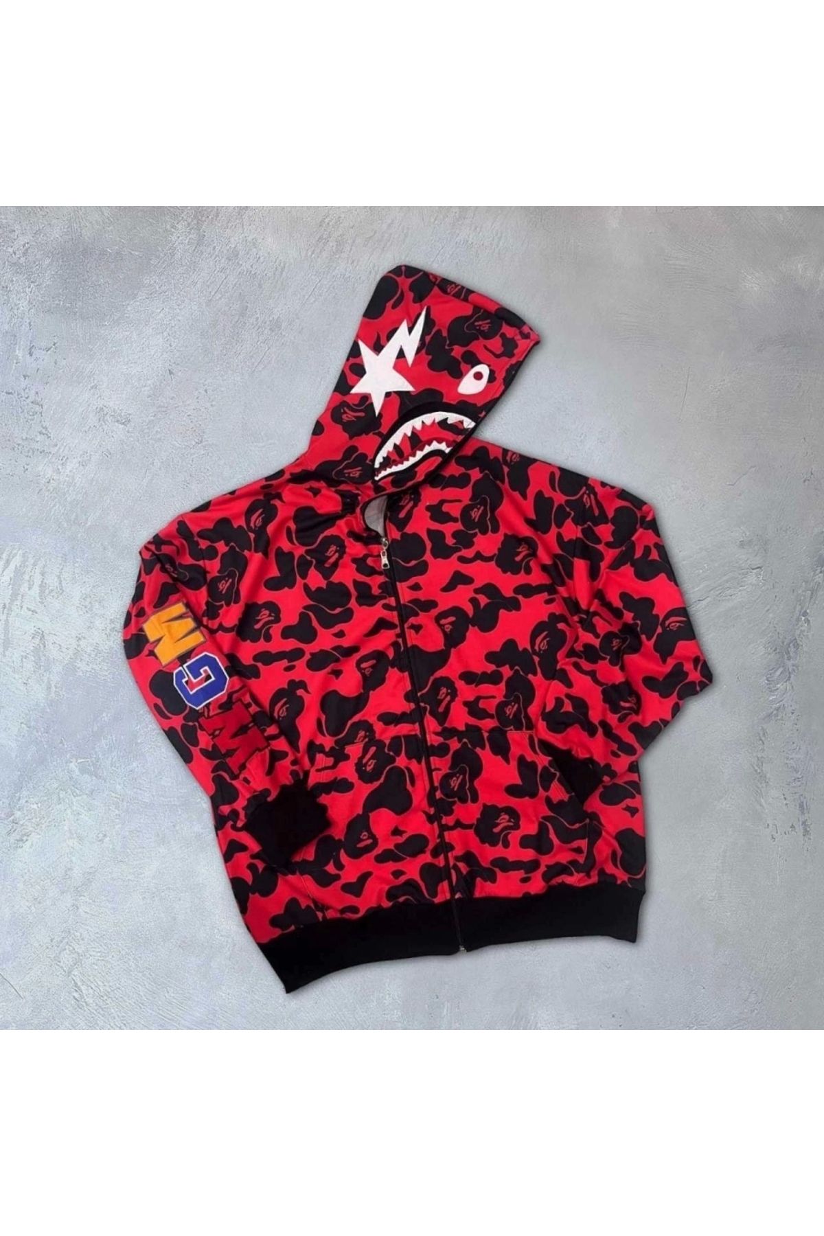 Butik Unisex 2 İplik Bape Kapüşonu Fermuarlı Hırka - Kırmızı