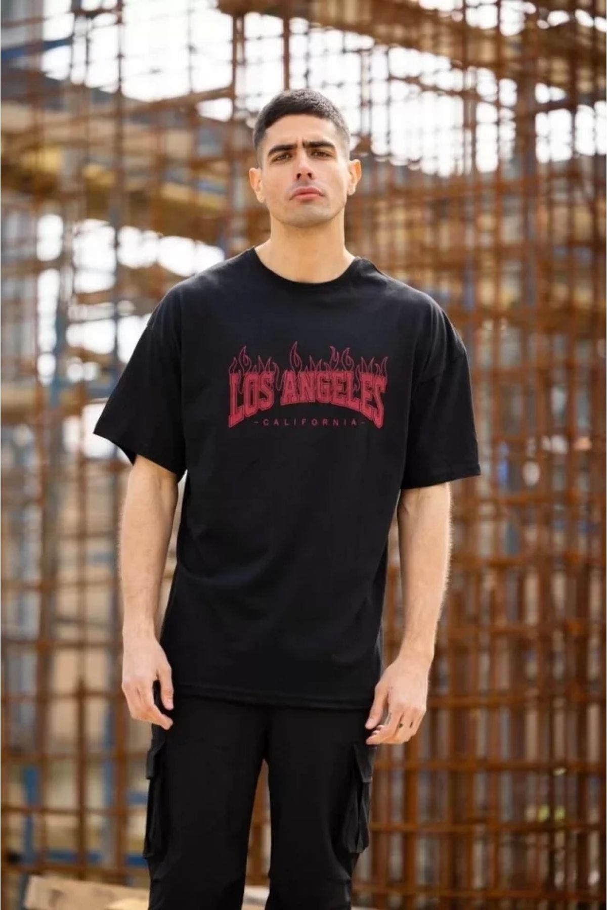 Butik Unisex Bisiklet Yaka Baskılı Oversize T-Shirt - Siyah