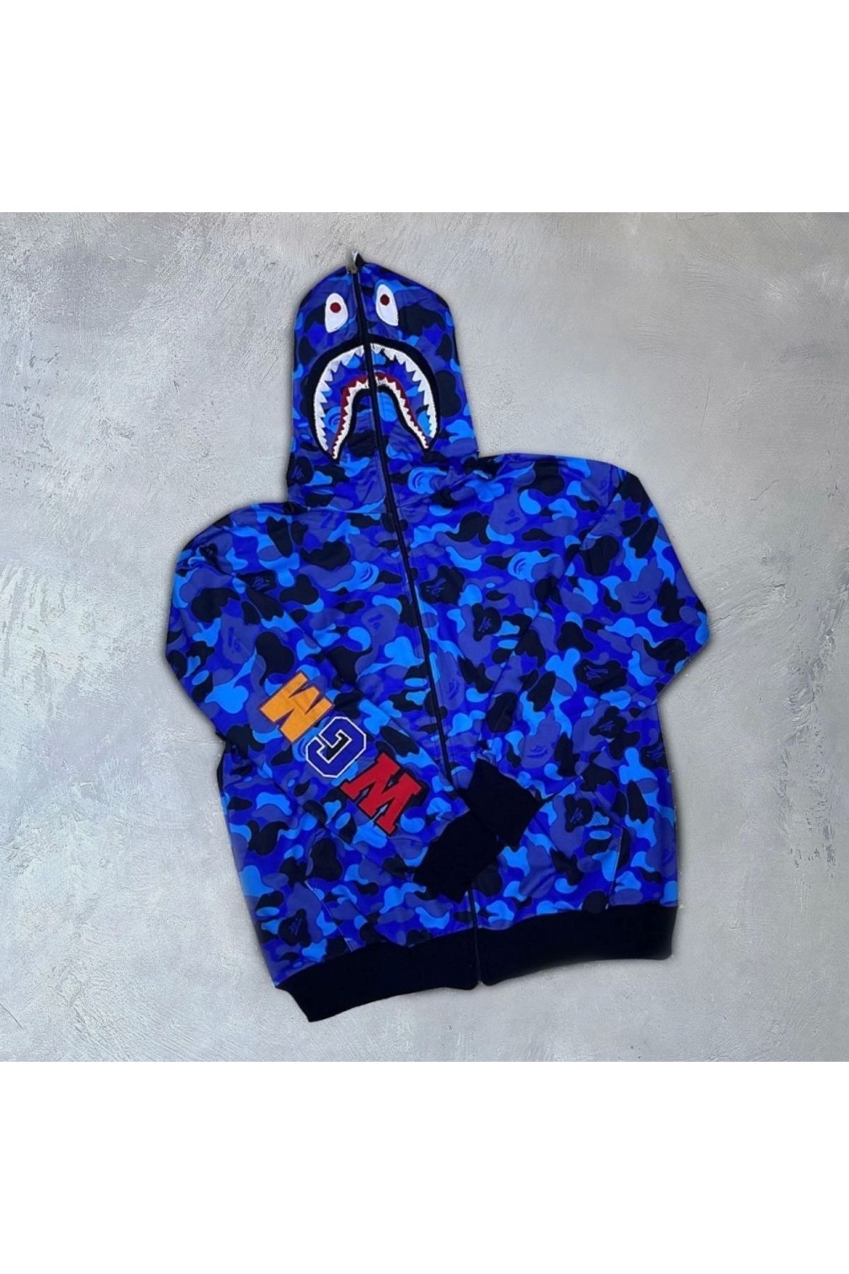 Butik İki İplik Zıp Fermuarlı Nakışlı Kapşonlu Hırka - Mavi