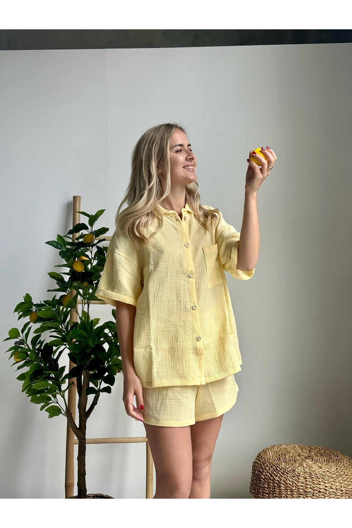 bella bonita %100 Pamuk Müslin Oversize Alt Üst Takım - Kadın Yazlık Pijama Takımı / Gömlek Şort Müslin Takım