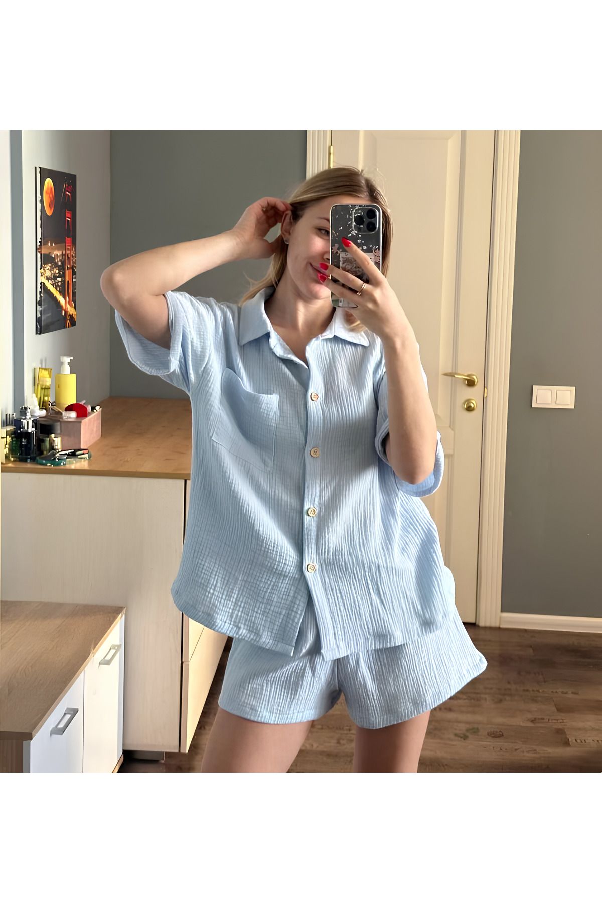 bella bonita %100 Pamuk Müslin Oversize Alt Üst Takım - Kadın Yazlık Pijama Takımı / Gömlek Şort Müslin Takım