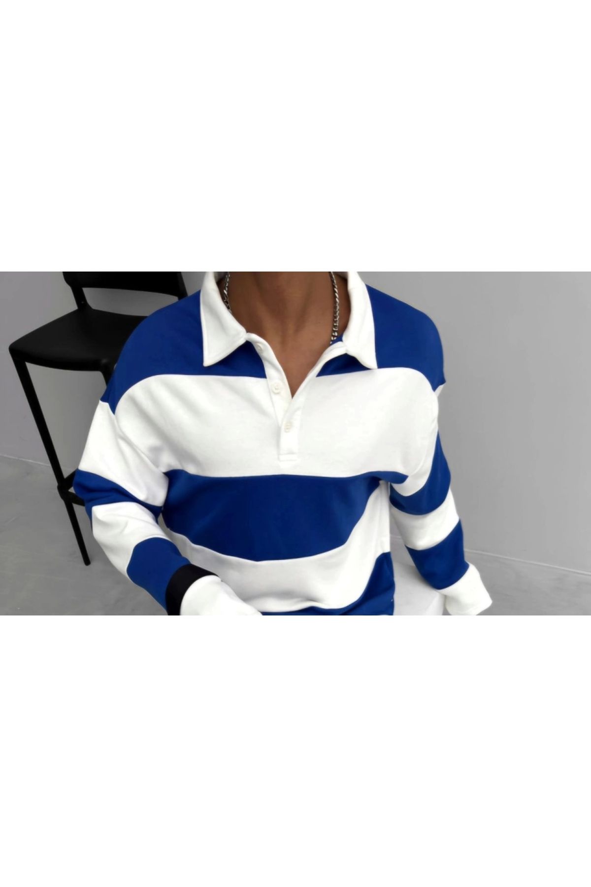 Butik Unisex Üç İplik Parçalı Yakalı SweatShirt - Mavi