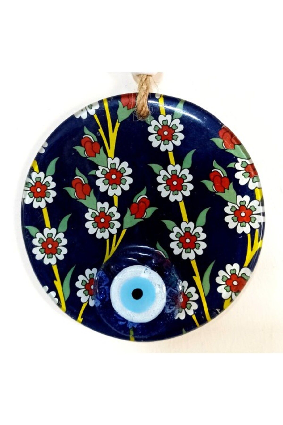 Mu Art Ahşap Çiçek Desenli Lacivert Nazar Boncuklu Füzyon Cam Duvar Süsü