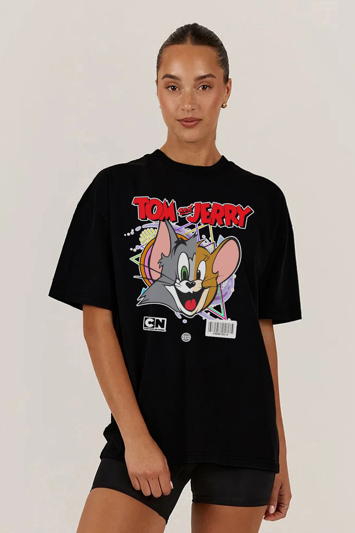 MODA Tom And Jerry Baskılı Oversize Kalıp Siyah Geniş Bol Kesim Kadın Tişört