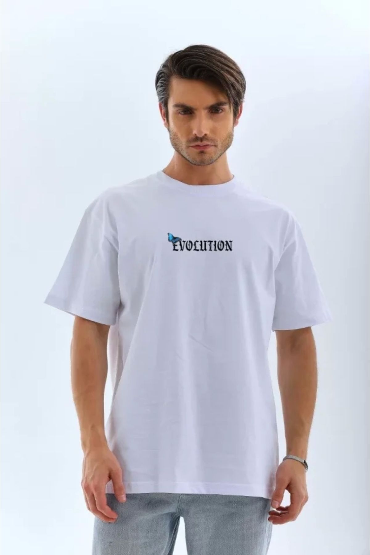 Butik Unisex Bisiklet Yaka Baskılı Oversize T-Shirt - Beyaz