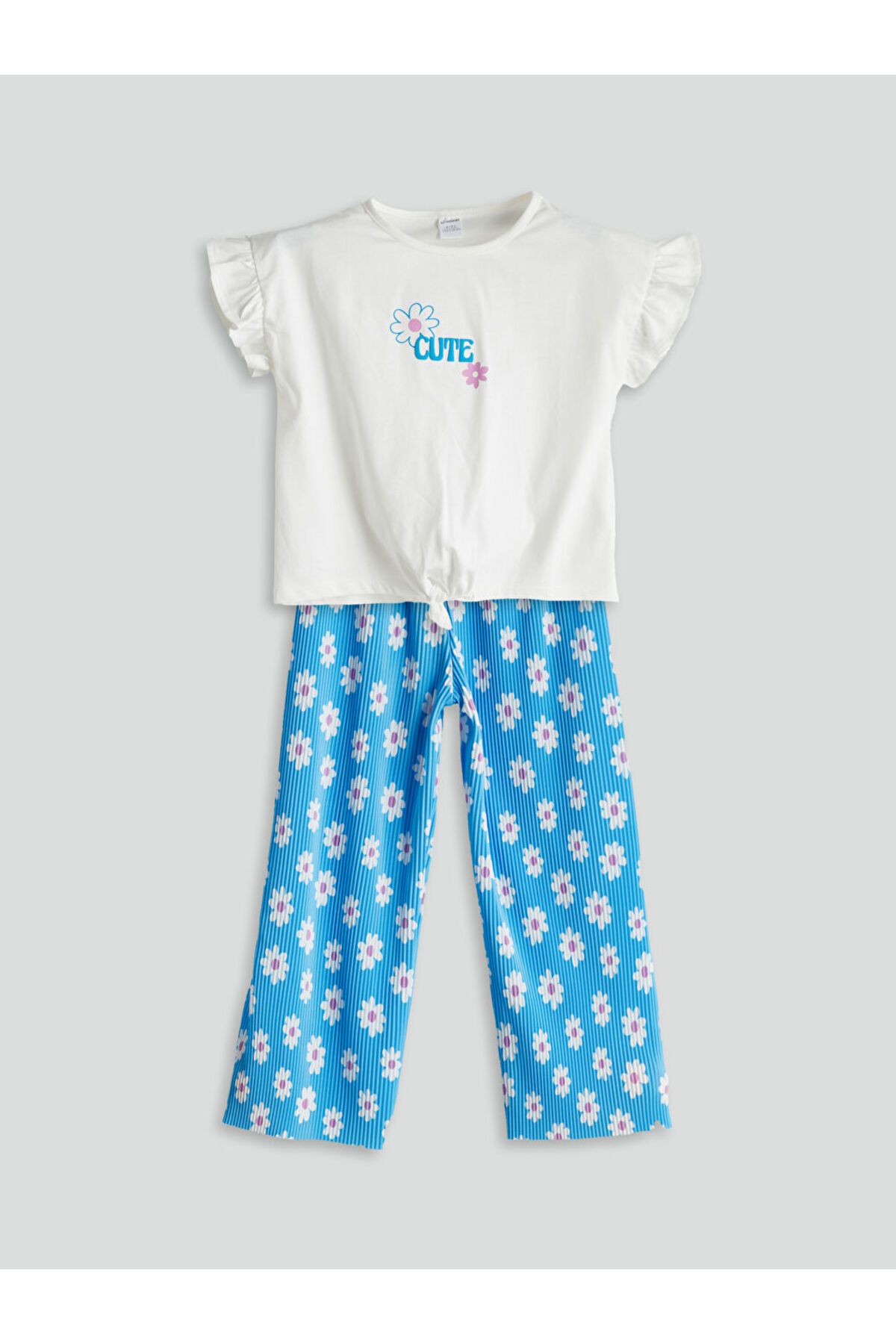 LC Waikiki LCW Kids Mavi Bisiklet Yaka Çiçekli Kız Çocuk Tişört ve Tayt 2'li