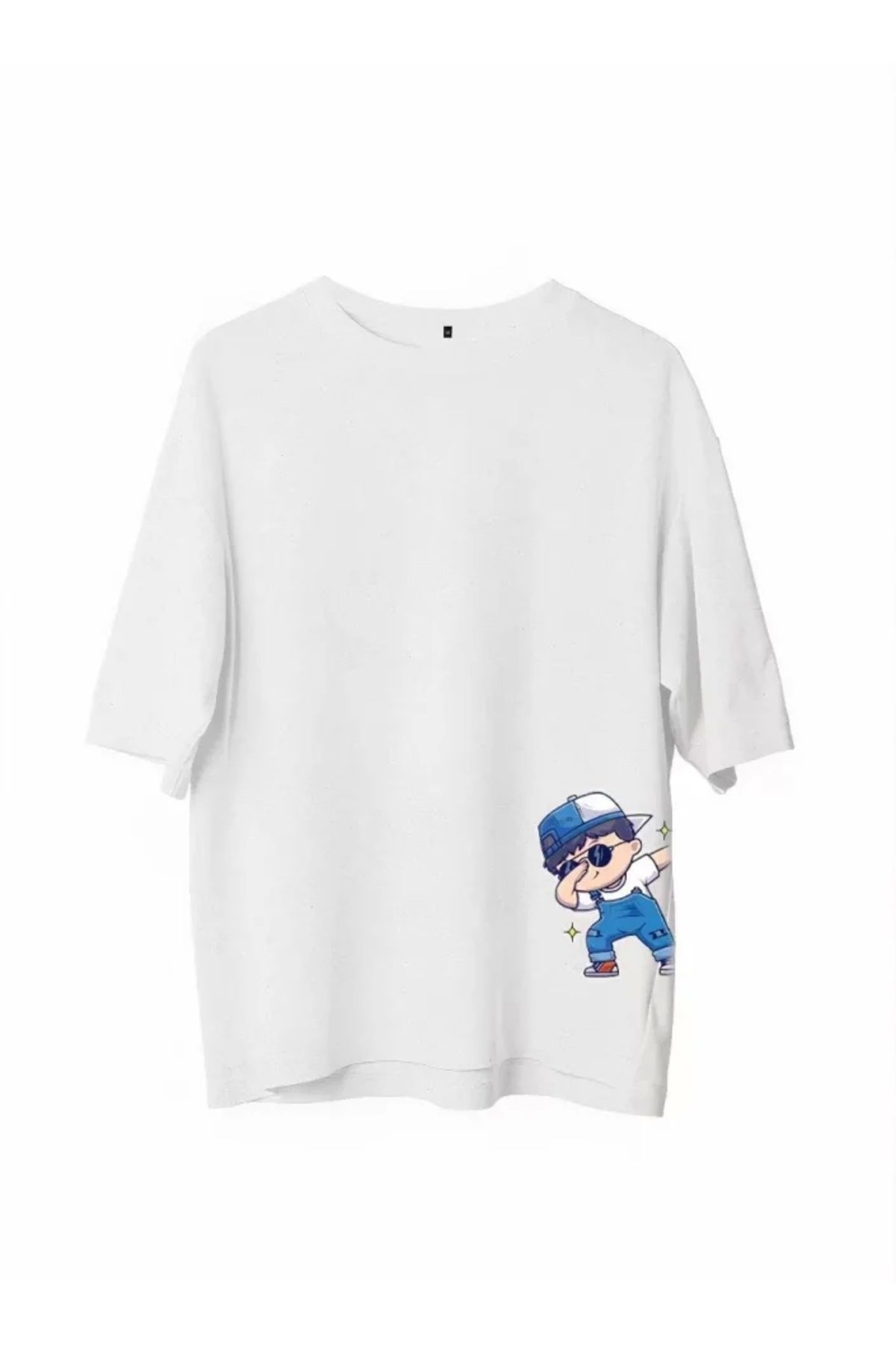 Butik Unisex Bisiklet Yaka Baskılı Oversize T-Shirt - Beyaz