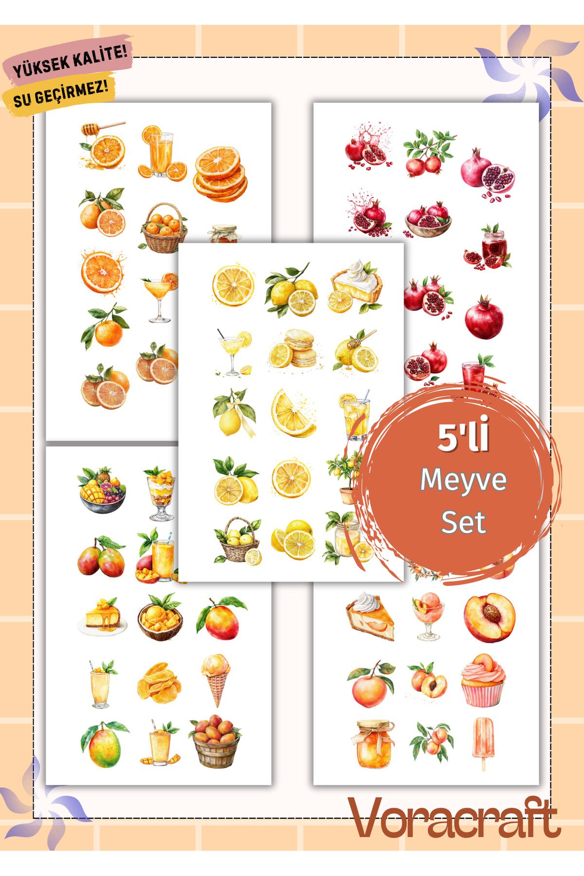 VORACRAFT 5'li Meyve Set Sticker Set Ajanda Bullet Journal Set A024