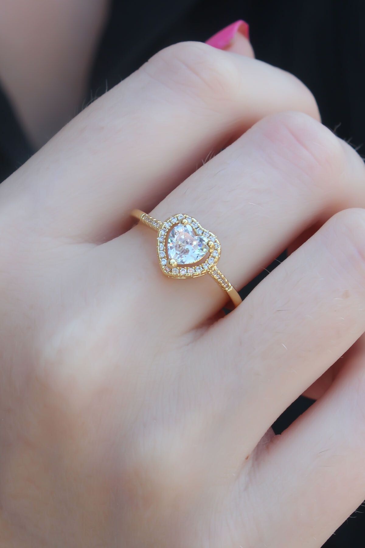 merland benvecocuk Gold Renk Zirkon Taşlı Kalp Model Charm Pirinç Kadın Yüzük - Lisinya