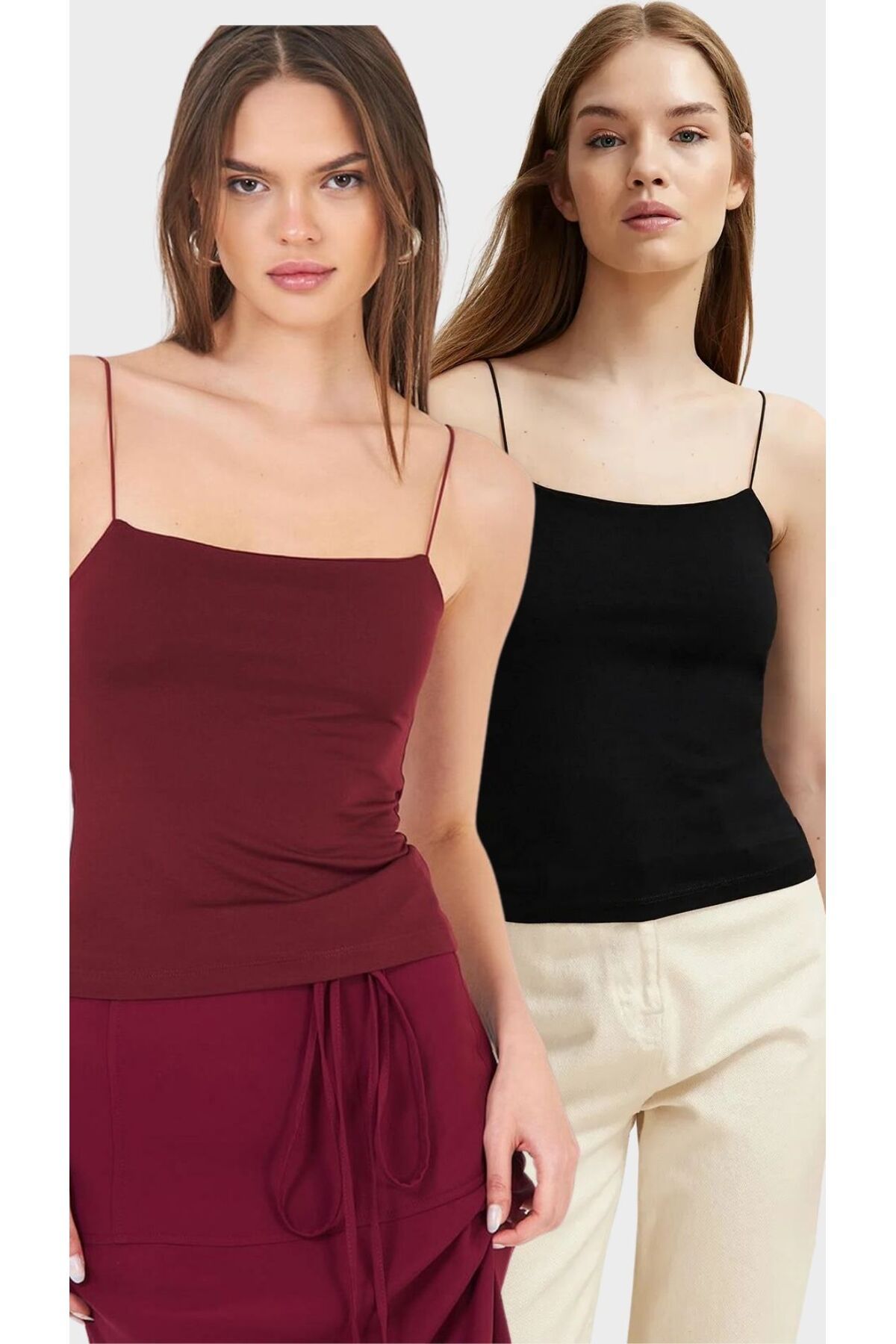 QUELISSE Kadın Bordo-Siyah Lastik Askılı Regular Esnek 2'li Paket Atlet Bluz Q002U