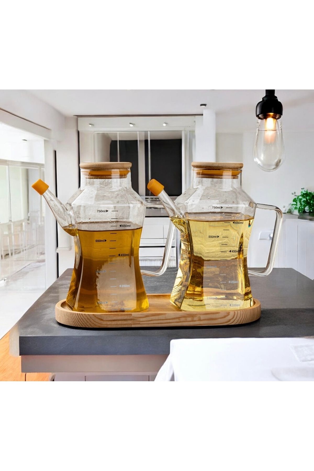 Kitchen Pembelia Bambu Standlı 750 ml Bambu Kapaklı Cam Yağdanlık Seti 3’lü Yağdanlık Takımı