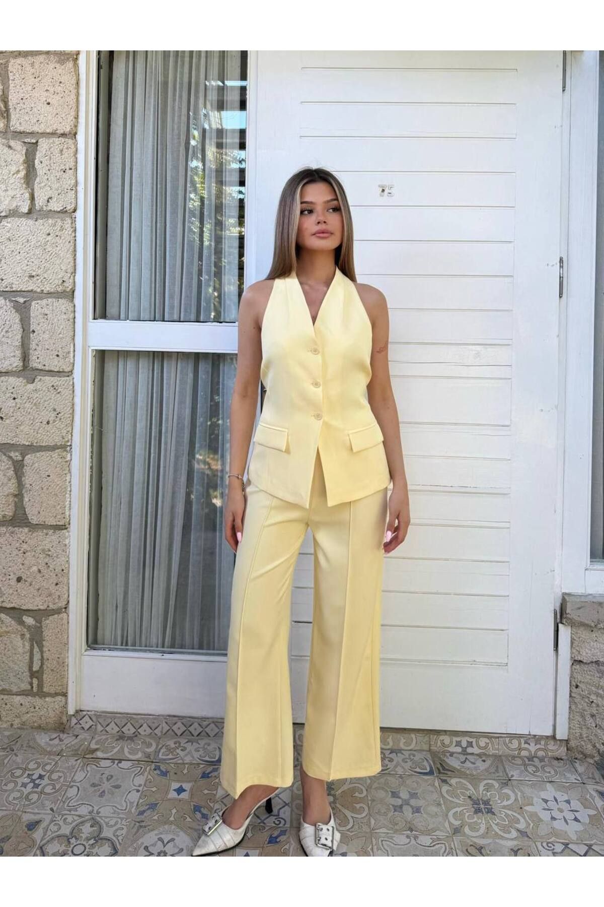 Castivo Fashion Zarif Yaka Düz Paça İkili Yaz Takım