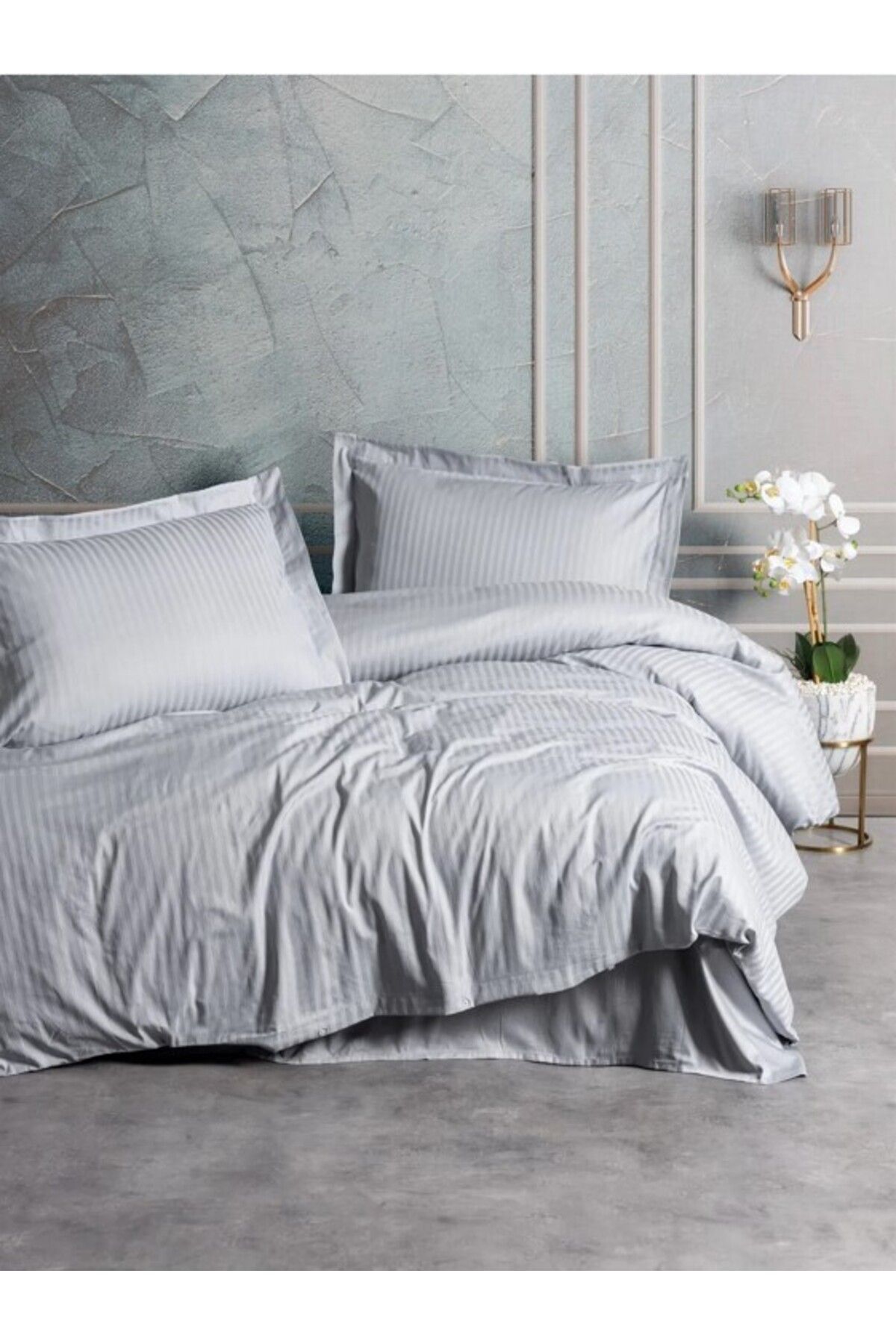 merland benvecocuk Stripe Elegant Gri Çift Kişilik Saten Nevresim Takımı