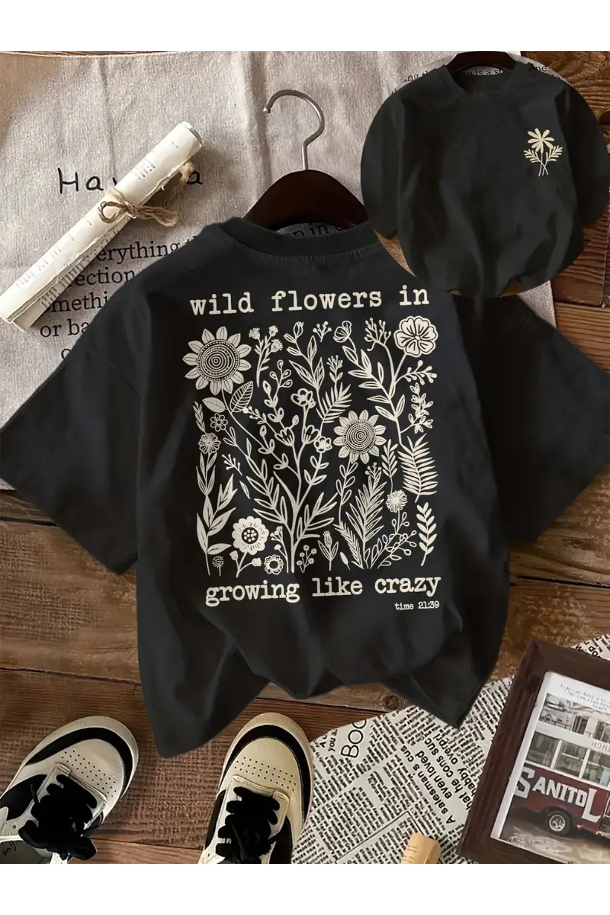 Genel Markalar Unisex Flowers Baskılı Oversize T-Shirt görsel 2