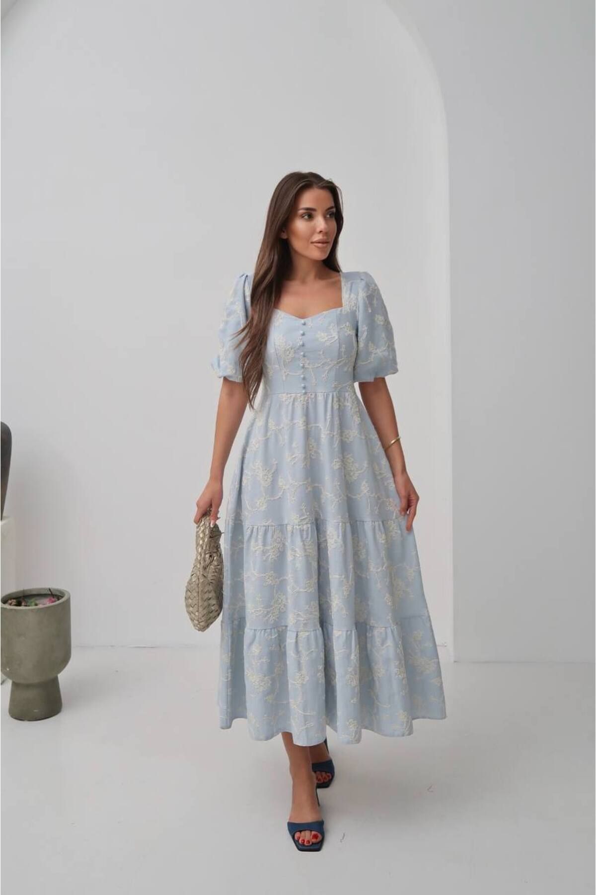 Castivo Fashion Dantel Nakışlı Balon Kol Romantik Elbise
