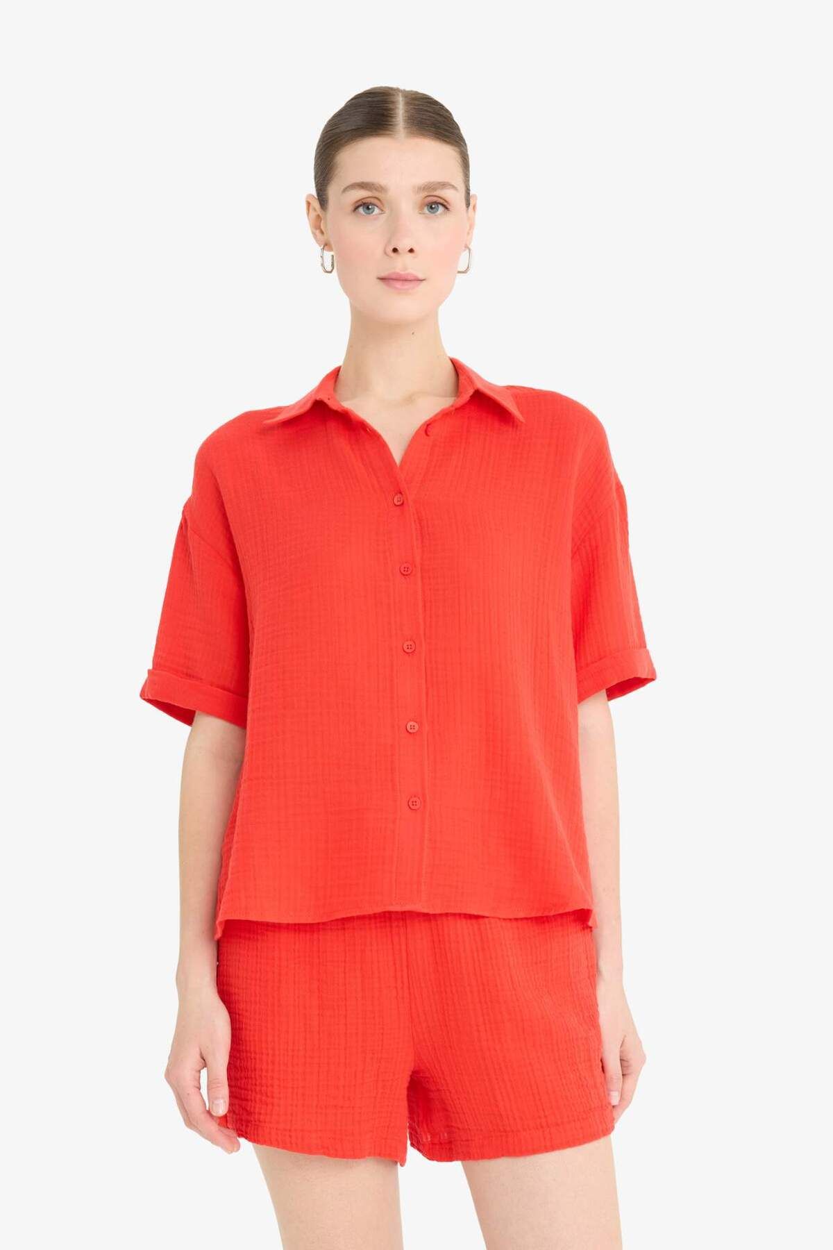 Regular Fit Müslin Uzun Kollu Kırmızı Gömlek F0884AX25SM - 3