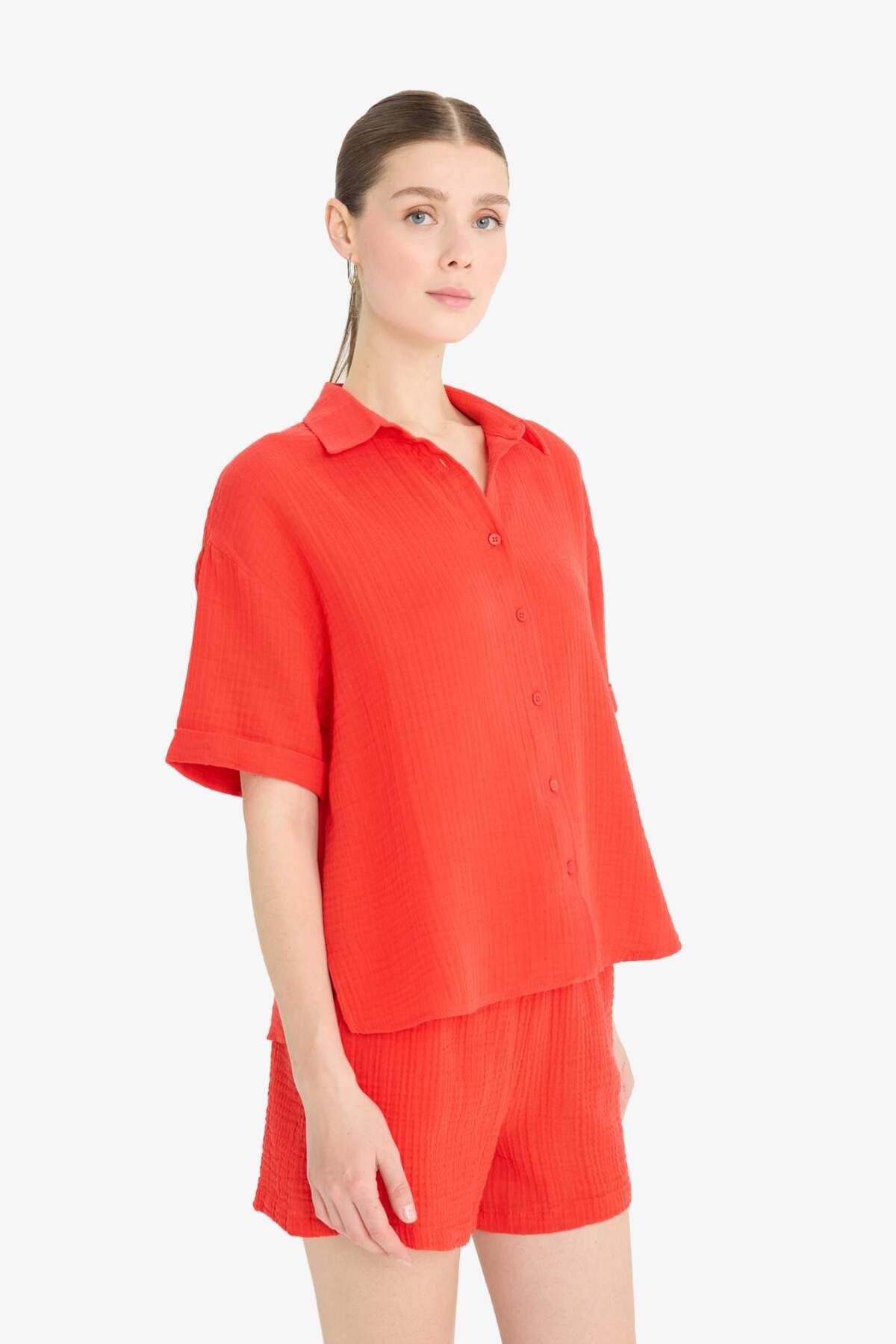 Regular Fit Müslin Uzun Kollu Kırmızı Gömlek F0884AX25SM - 4