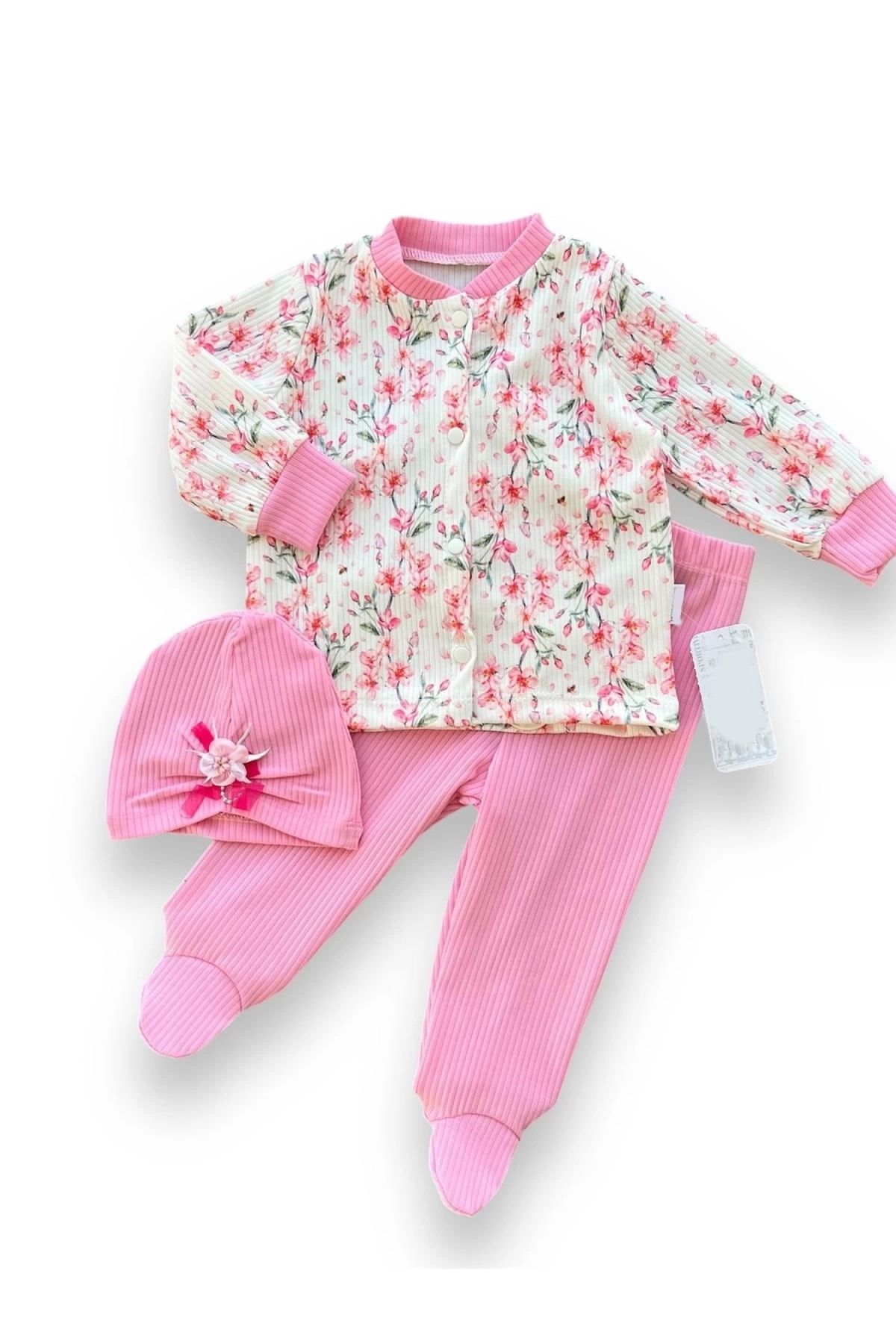 POLEXP Pembe Çiçek Desenli Bebek Kız Takımı