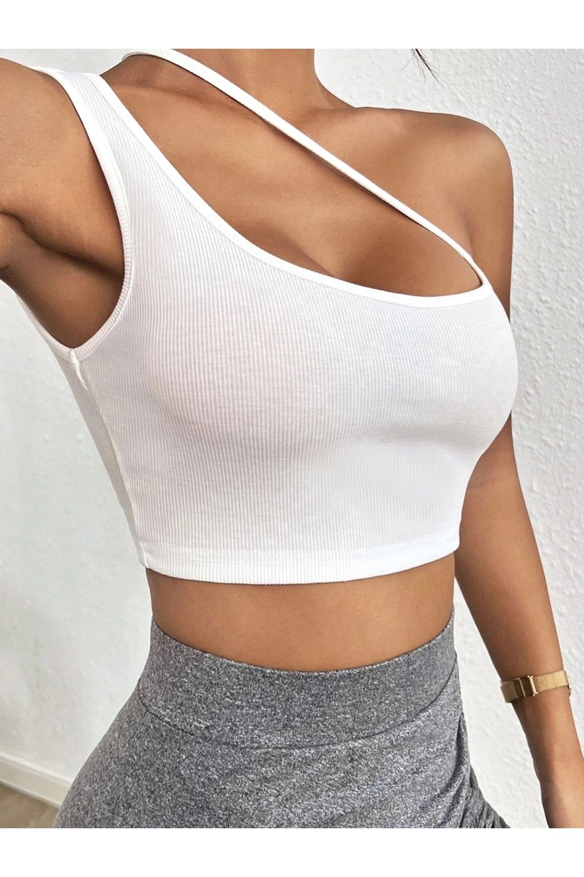 POLEXP Beyaz Tek Omuzlu Crop Top Modası