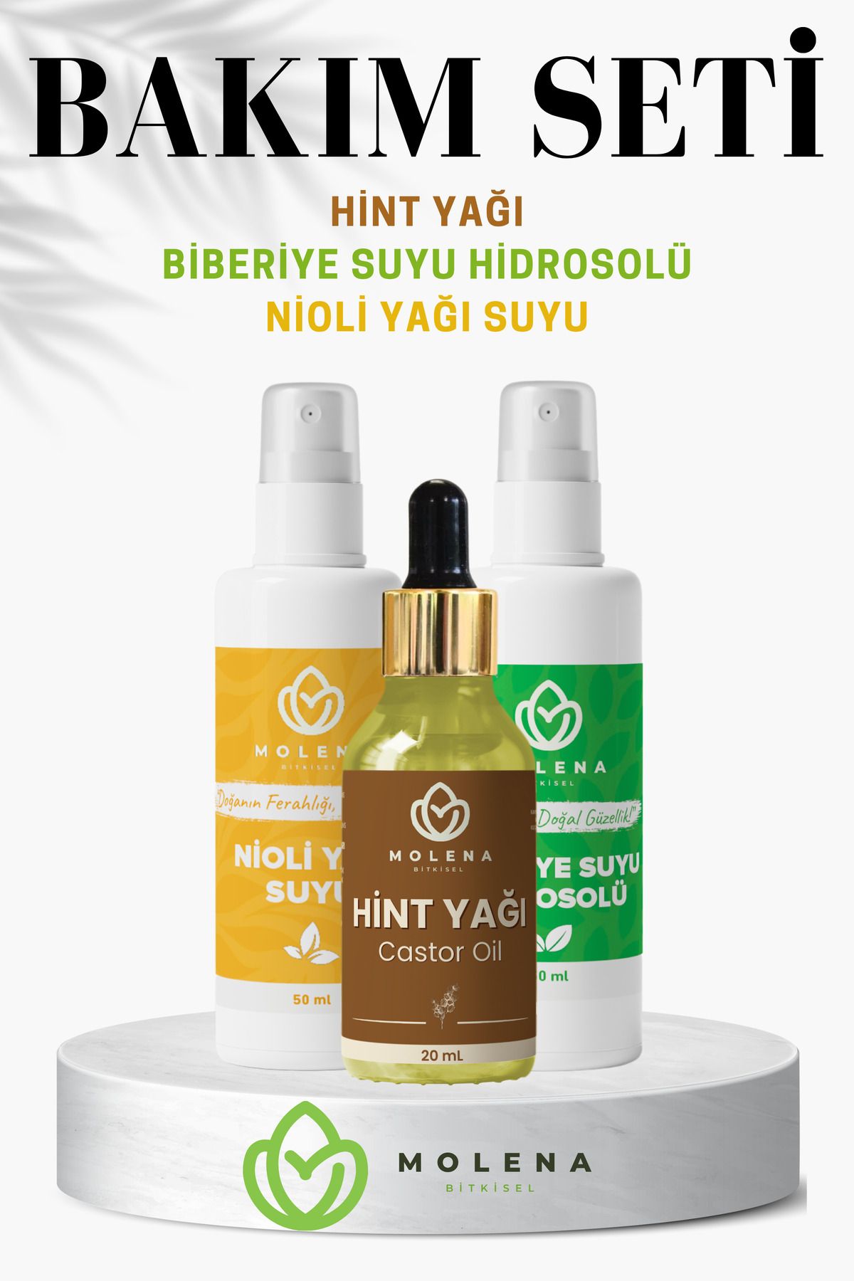 MOLENA BİTKİSEL Doğal Bakım Seti - Hint Yağı 20 ml & Biberiye Suyu Hidrosolü 50 ml & Nioli Yağı Suyu 50 ml