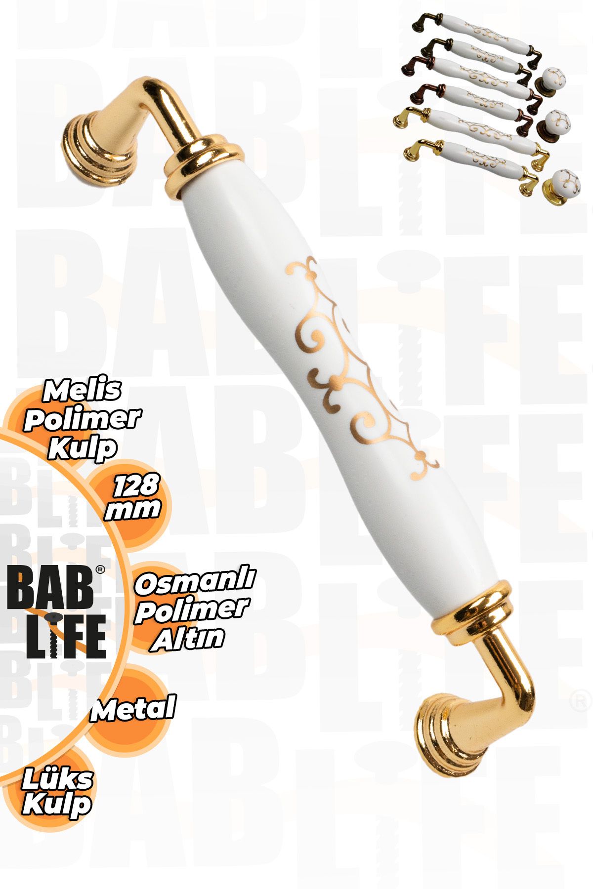 bablife Melis 128mm Porselen Görünümlü Osmanlı Altın Lüks Modern Çekmece Dolap Vestiyer Mobilya Kulpları