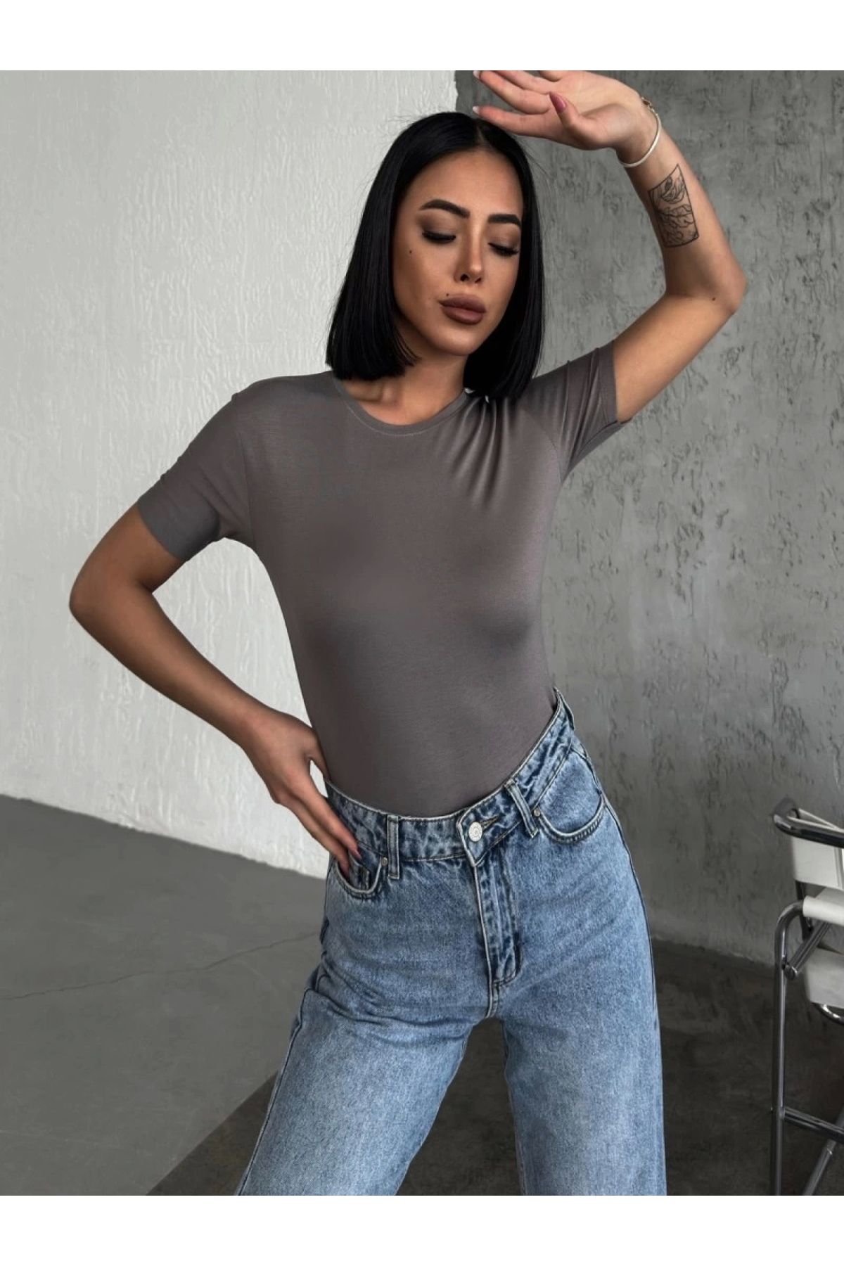 POLEXP Şık ve Konforlu Füme Kısa Kollu Viskon Penye Body