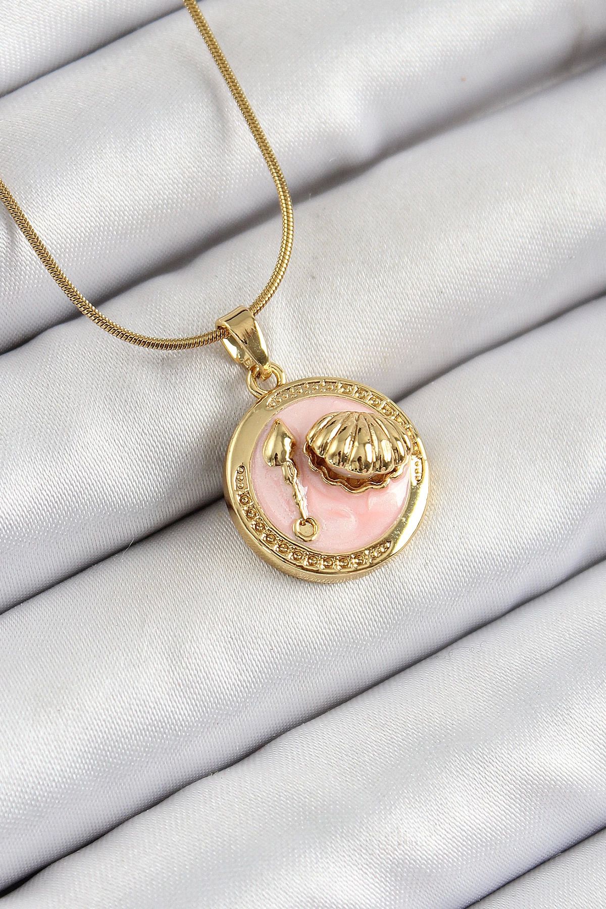 Ekince 316L Çelik Zincir Pembe Mineli Sanatsal Portre İstiridye Model Gold Renk Kadın Kolye