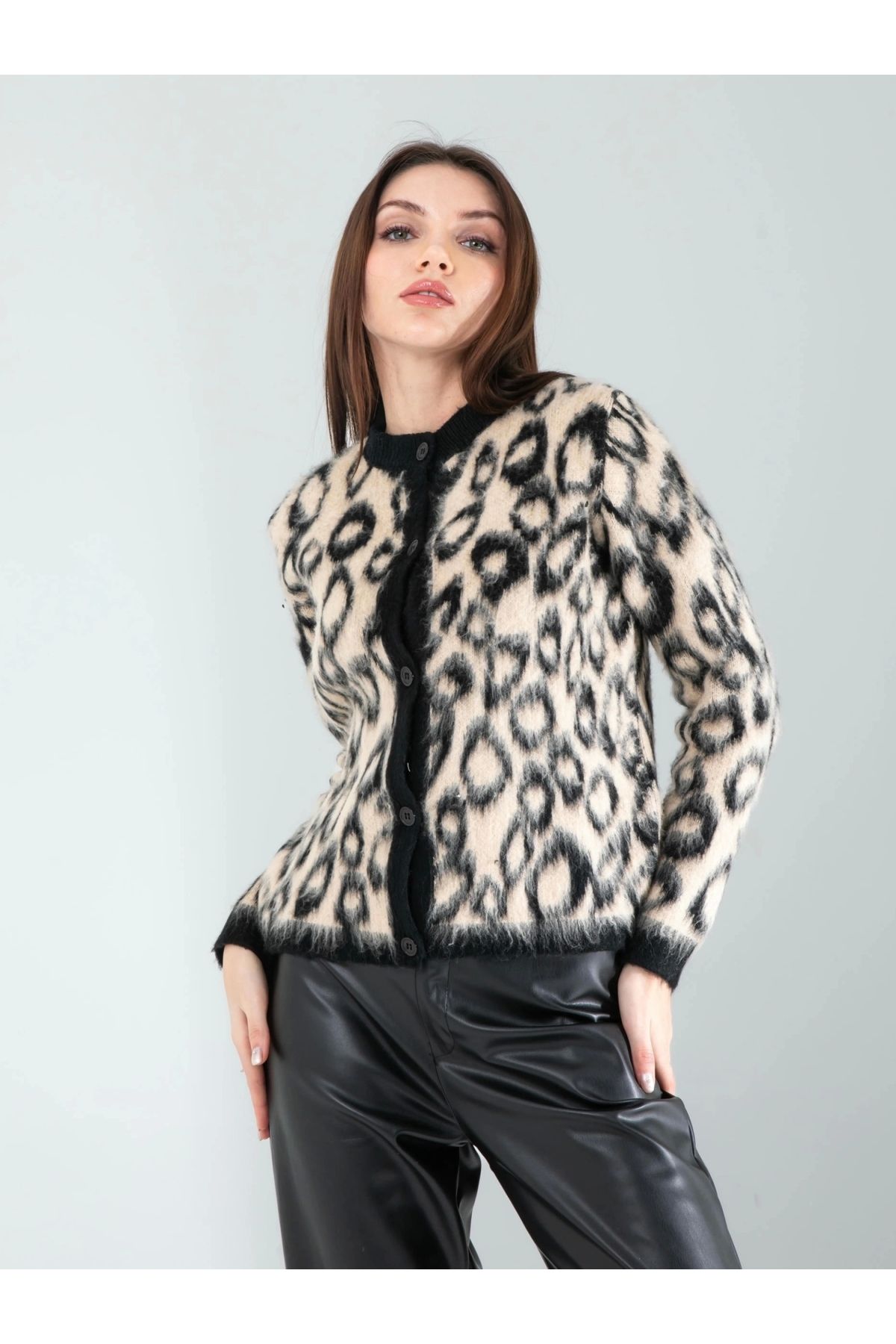 POLEXP Leopar Desenli Trendy Triko Hırka