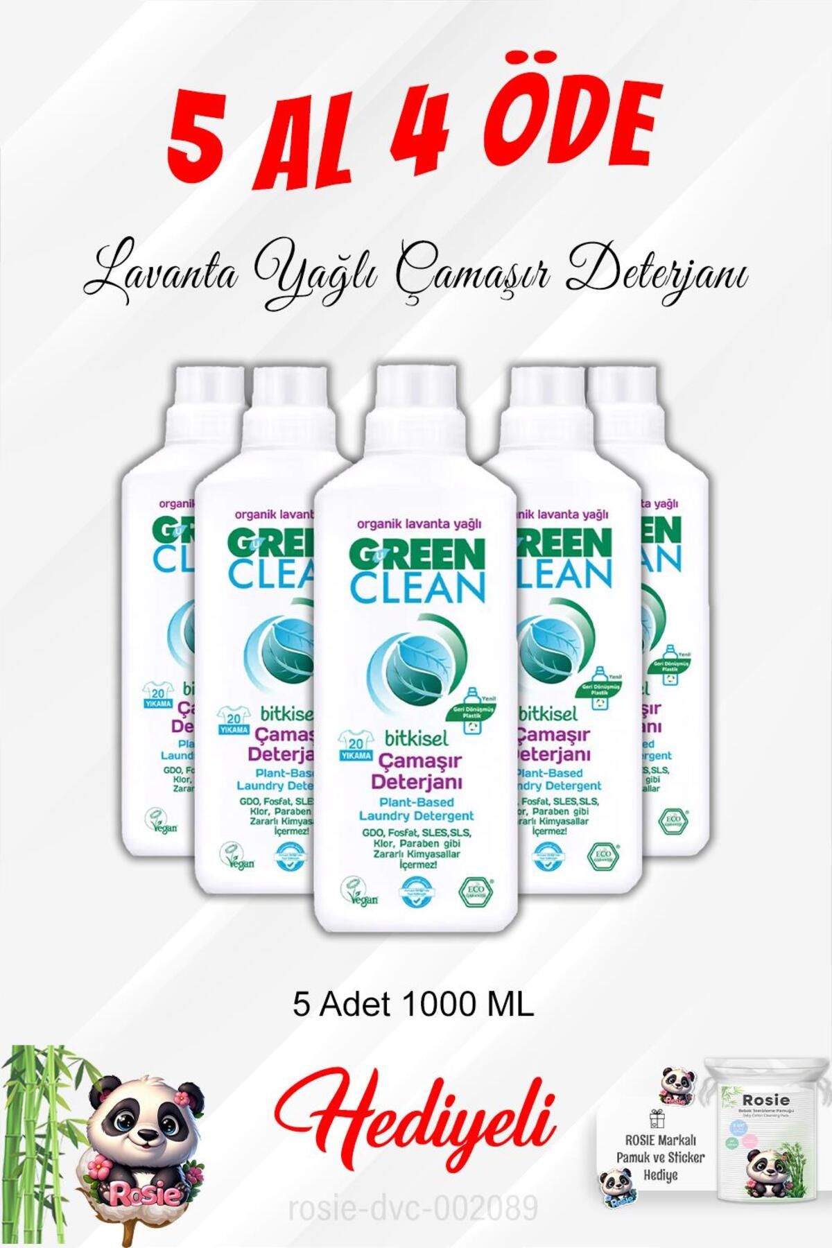 Green Clean Lavanta Yağlı Çamaşır Deterjanı 5 Al 4 Öde 1000 ML ve Rosie Pamuk