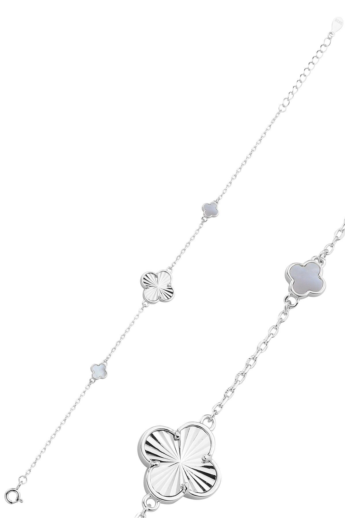 Söğütlü Silver Gümüş rodyumlu taşlı lazerli talih yoncası bileklik SGTL12864BEYAZ