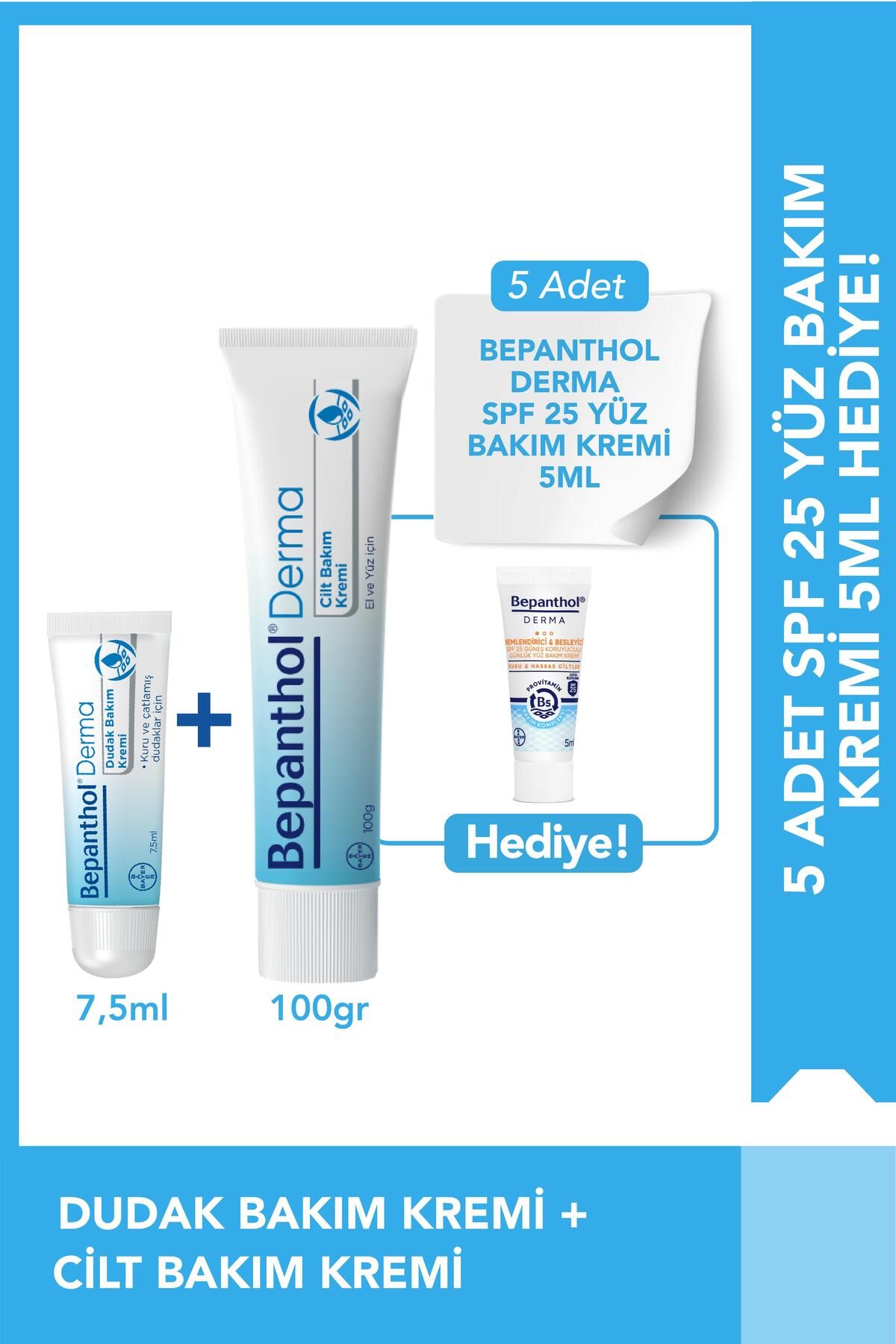 Bepanthol Cilt Bakım Kremi 100g + Dudak Kremi 7.5ml + SPF Mini Yüz Kremi Hediye